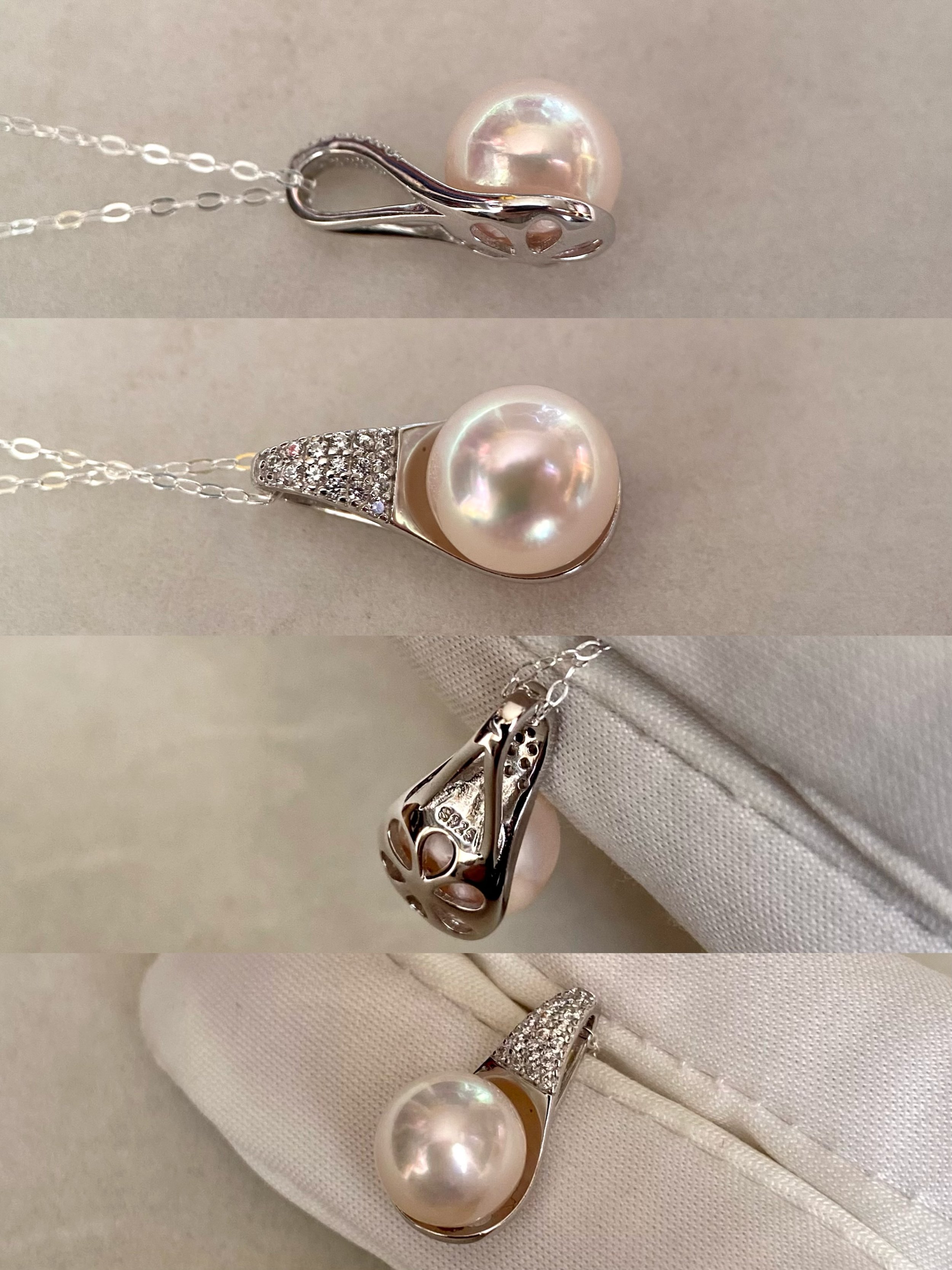 Rare Large 9mm Japanese Akoya Pearl Pendant, Dreamy Pink Overtones, S925 Silver Flowing Wave Design, HK International Jewellery Showpiece Starlit Pearls