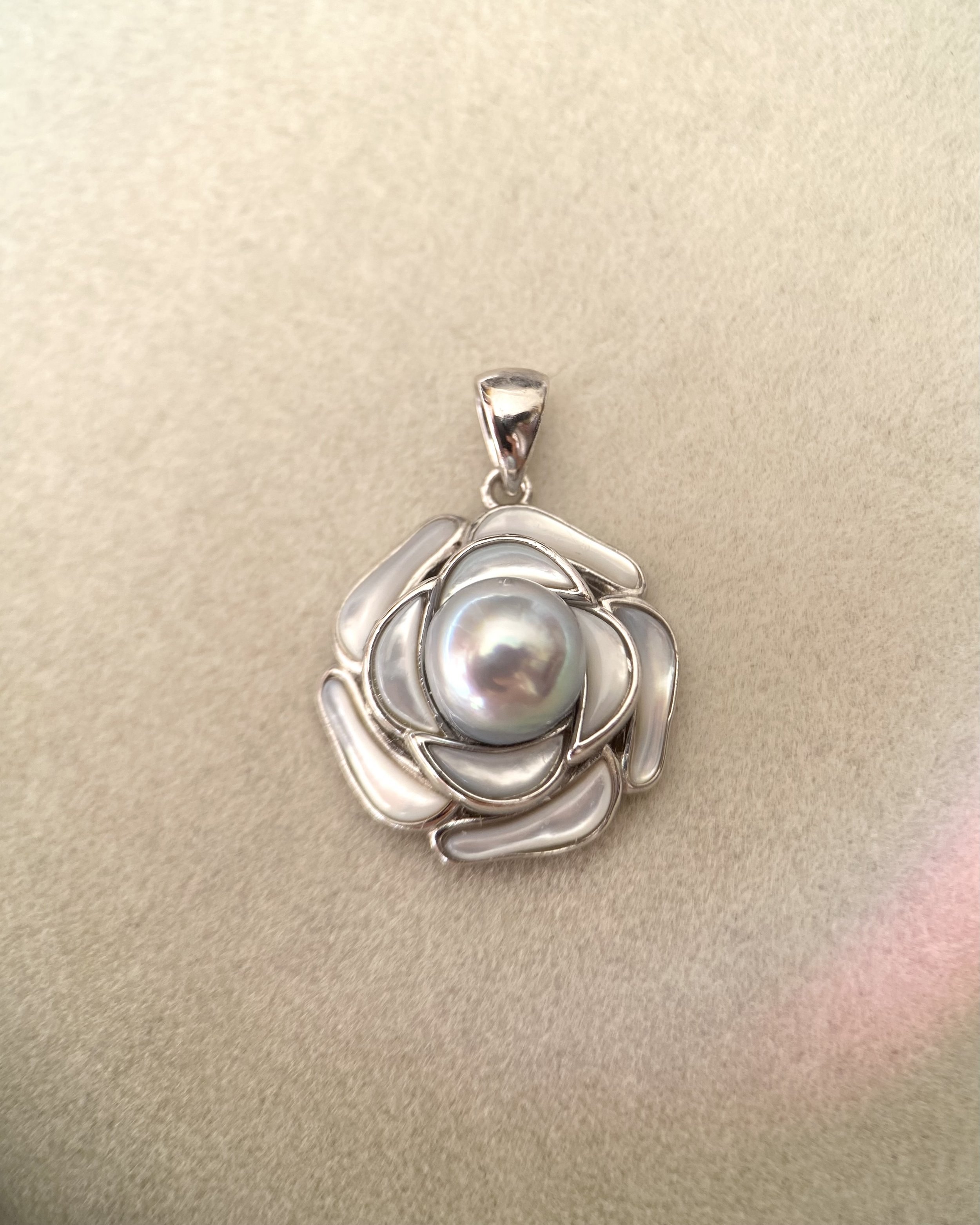 Premium Japanese Natural Silver Grey Blue Madama Akoya Pearl Pendant 8mm, Sculptural MOP Camellia S925 Silver Design, Rainbow Orient Starlit Pearls