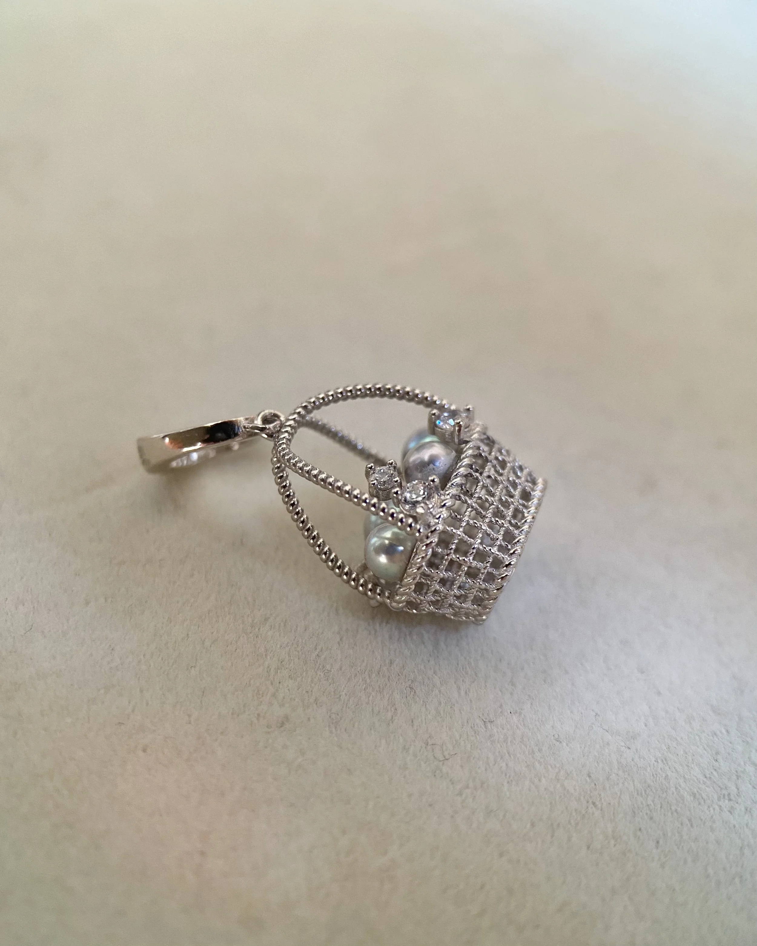 Top Gr Japanese Silver-Grey Saiundama Akoya Pearl Pendant, Sculptural 3D Woven Treasure Basket with Four Pearls_CZ_S925, Show Piece Starlit Pearls