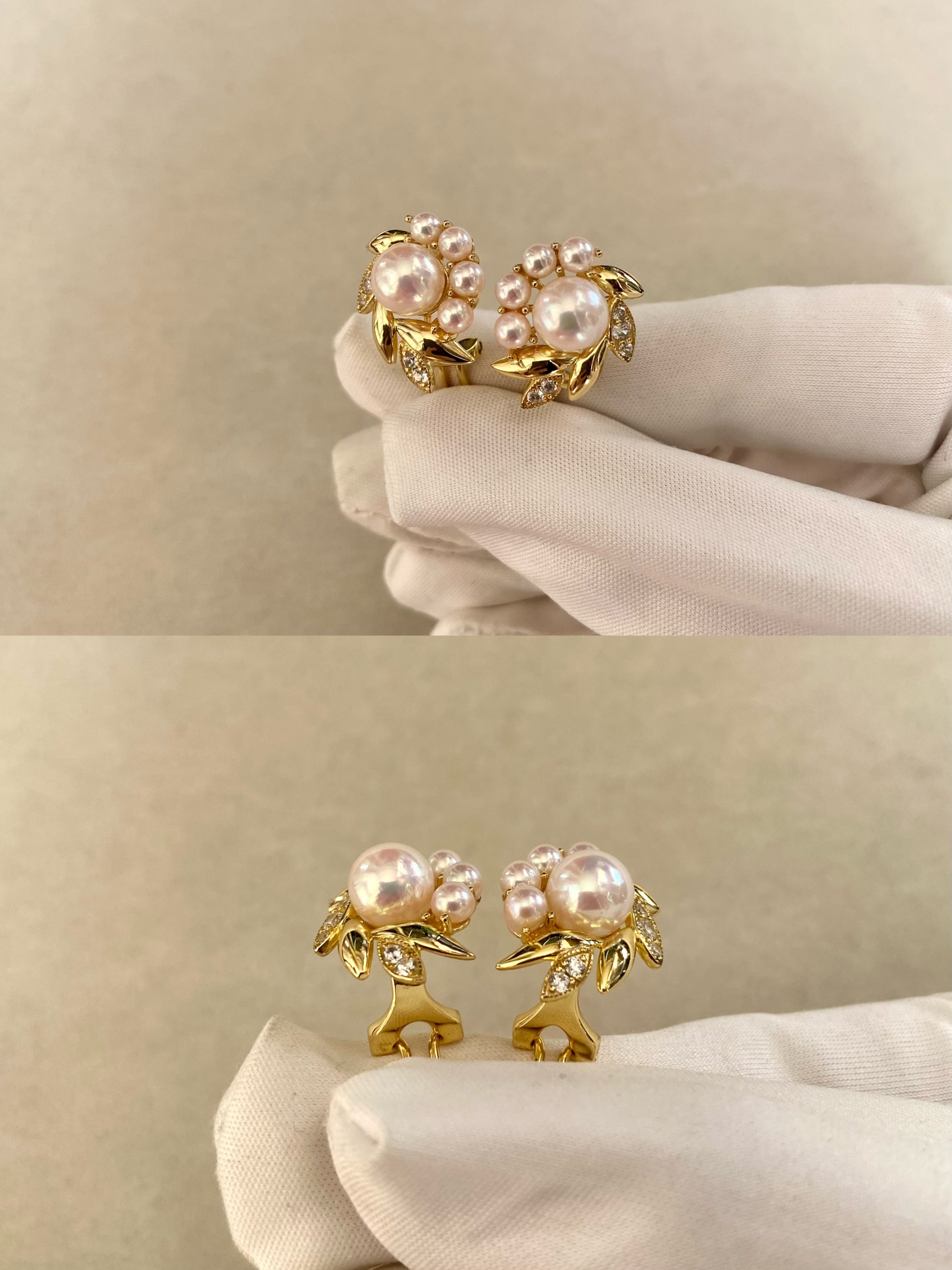 Exceptional Rare Japanese Koshimono White Akoya Pearl Earrings, 6.8mm/3mm Sairindama Pearls, Pink Overtones, Original Japanese S925 Fittings Starlit Pearls