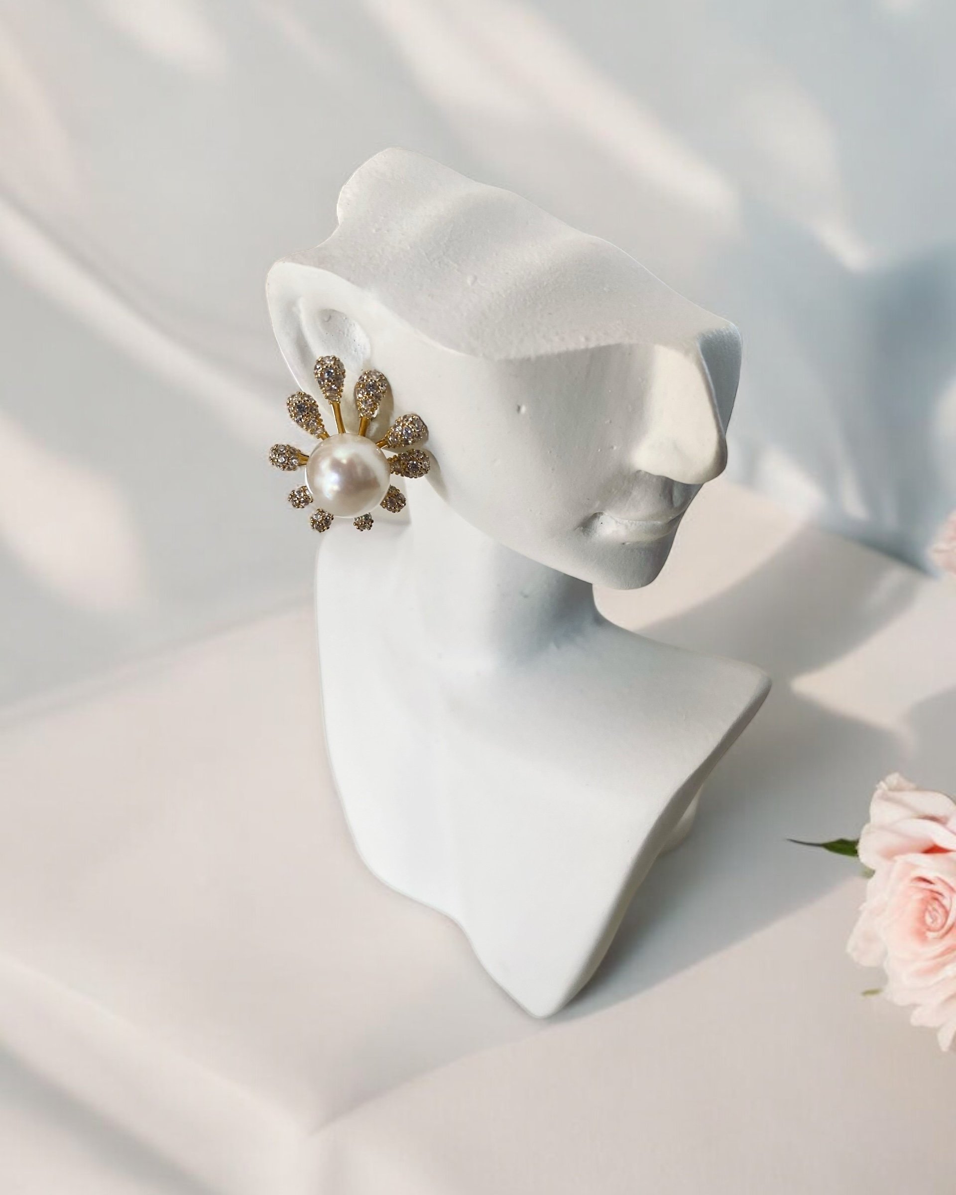 Rare 8.5-9mm Japanese White Koshimono Akoya Pearl Earrings, Radiant Lustre_Pink Overtones, Original Japanese S925 Fireworks Design Fittings Starlit Pearls