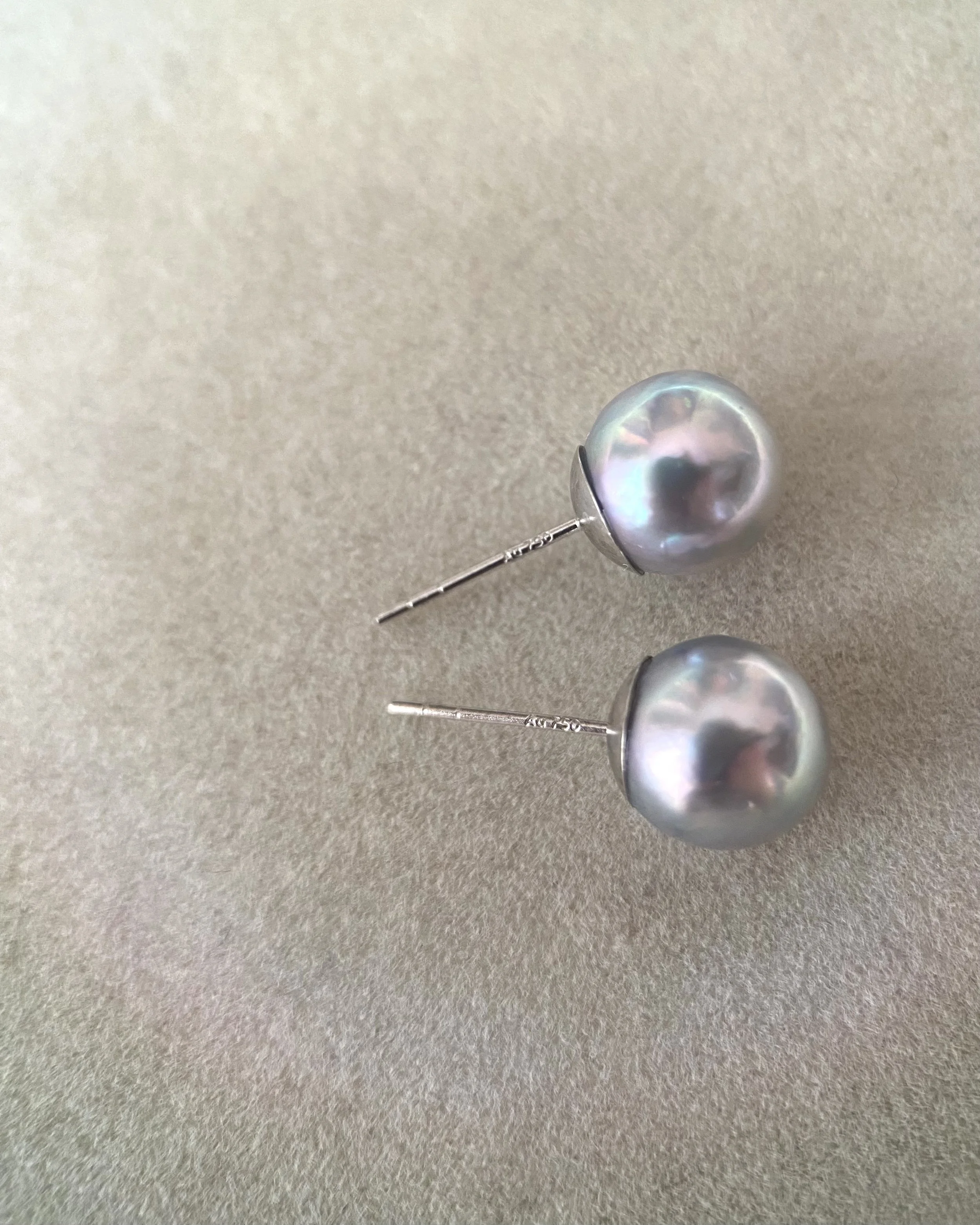 6A Brilliant-Lustre Japanese Silver Madama Akoya Pearl Earrings 8.3mm,Rare Lagoon Overtones, Solid 18K Full White Gold Cap Setting Starlit Pearls