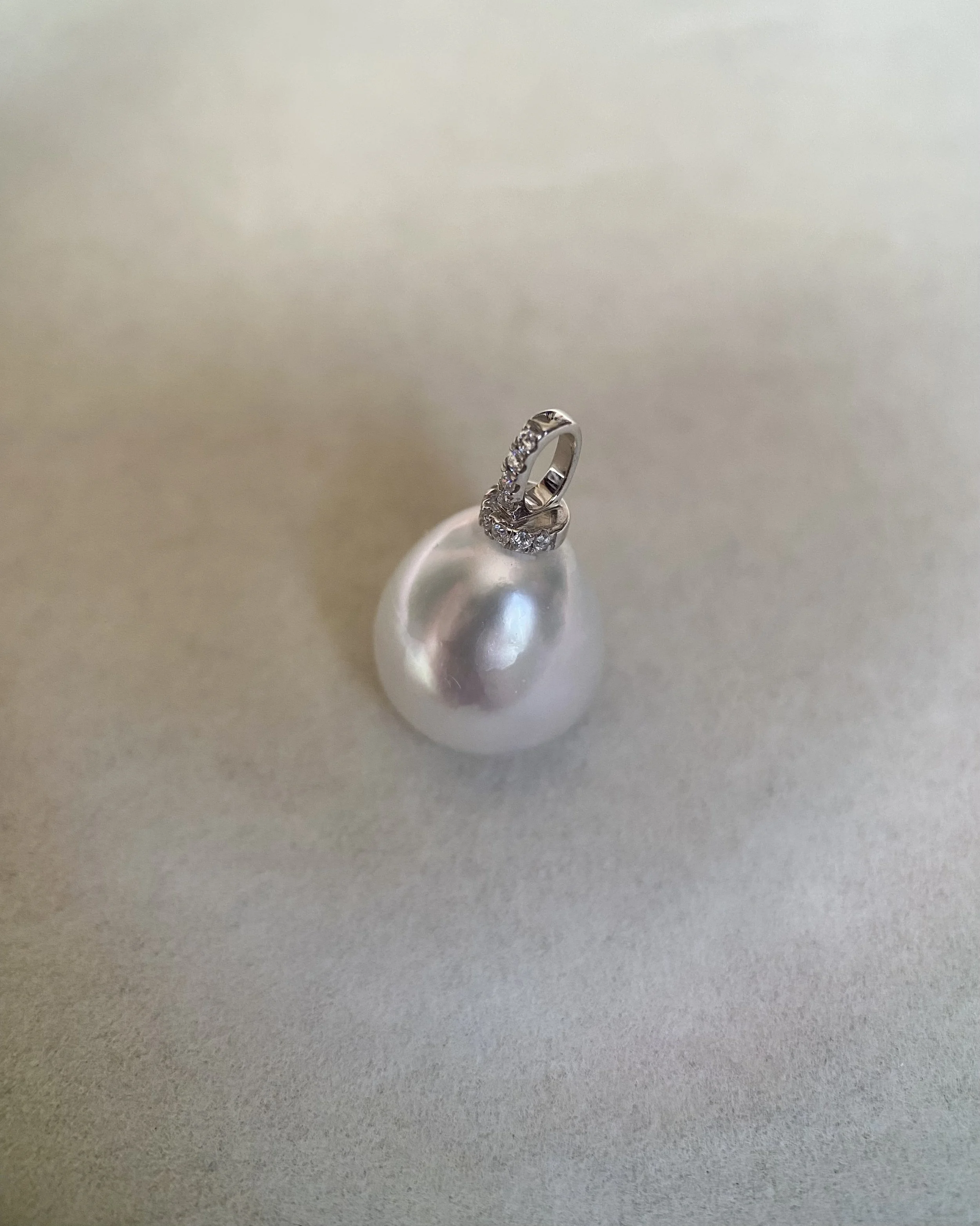 Solid 18ct White Gold_12mm Silver White Australian South Sea Baroque Pearl Pendant, 18K CZ Bail, Rare Cool-Tone Satin Lustre Starlit Pearls