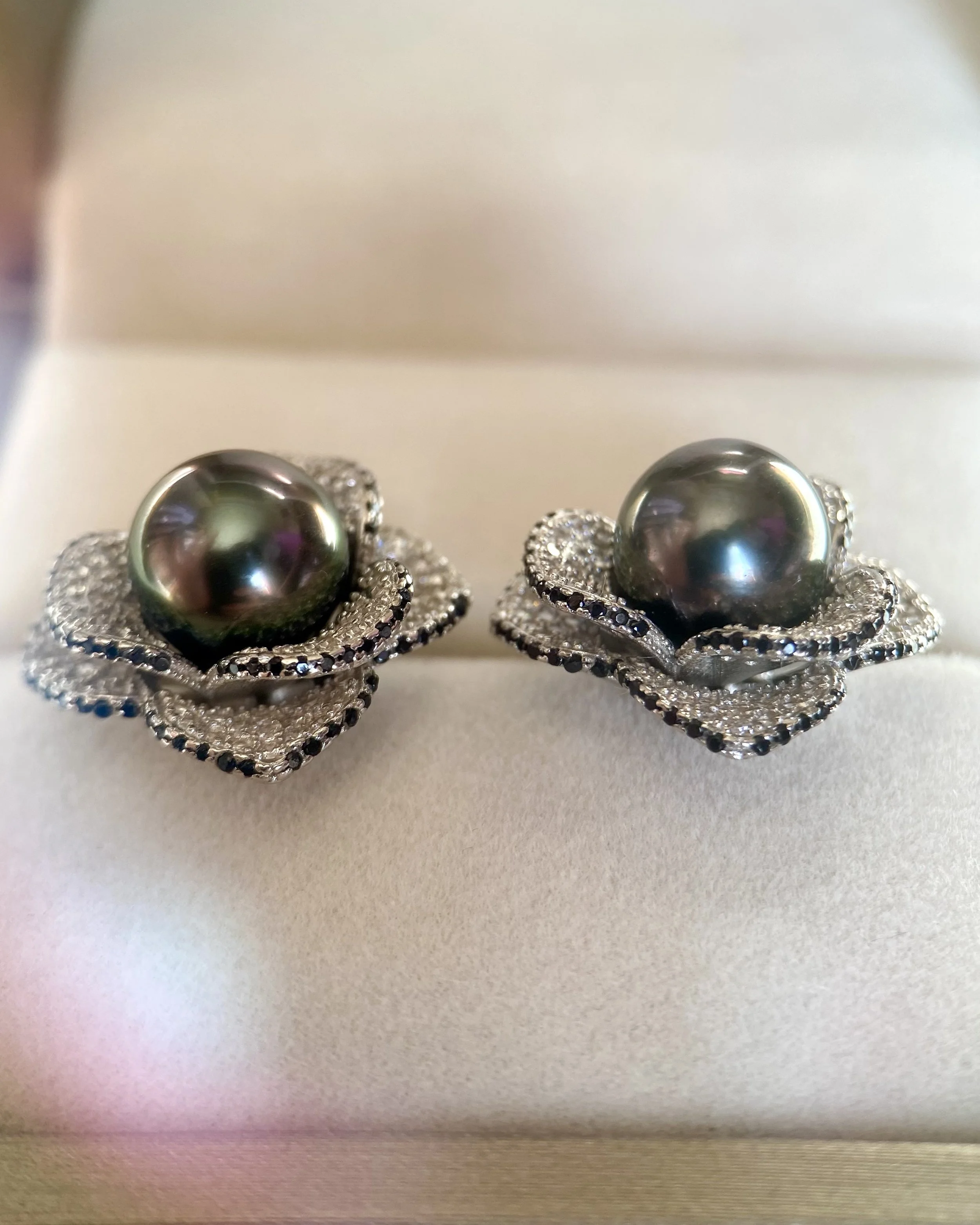 9mm Tahitian Black South Sea Pearl Earrings, Piaget Rose-Inspired Petalburst Design in S925 Silver & CZ, Violet Overtone, Oilshine Lustre Starlit Pearls