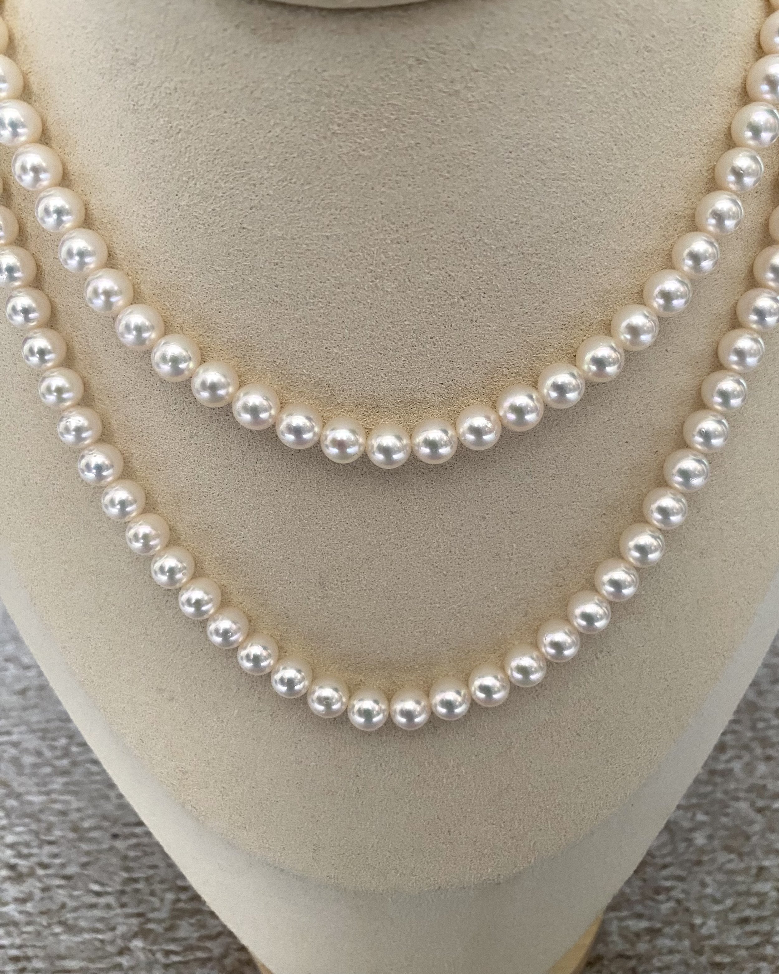 33" Extra-Long White Japanese Akoya Pearl Opera Necklace 6.5–7mm, Rose Overtone, 3D Floral Silver Clasp, Japan Jewellery Showpiece Starlit Pearls