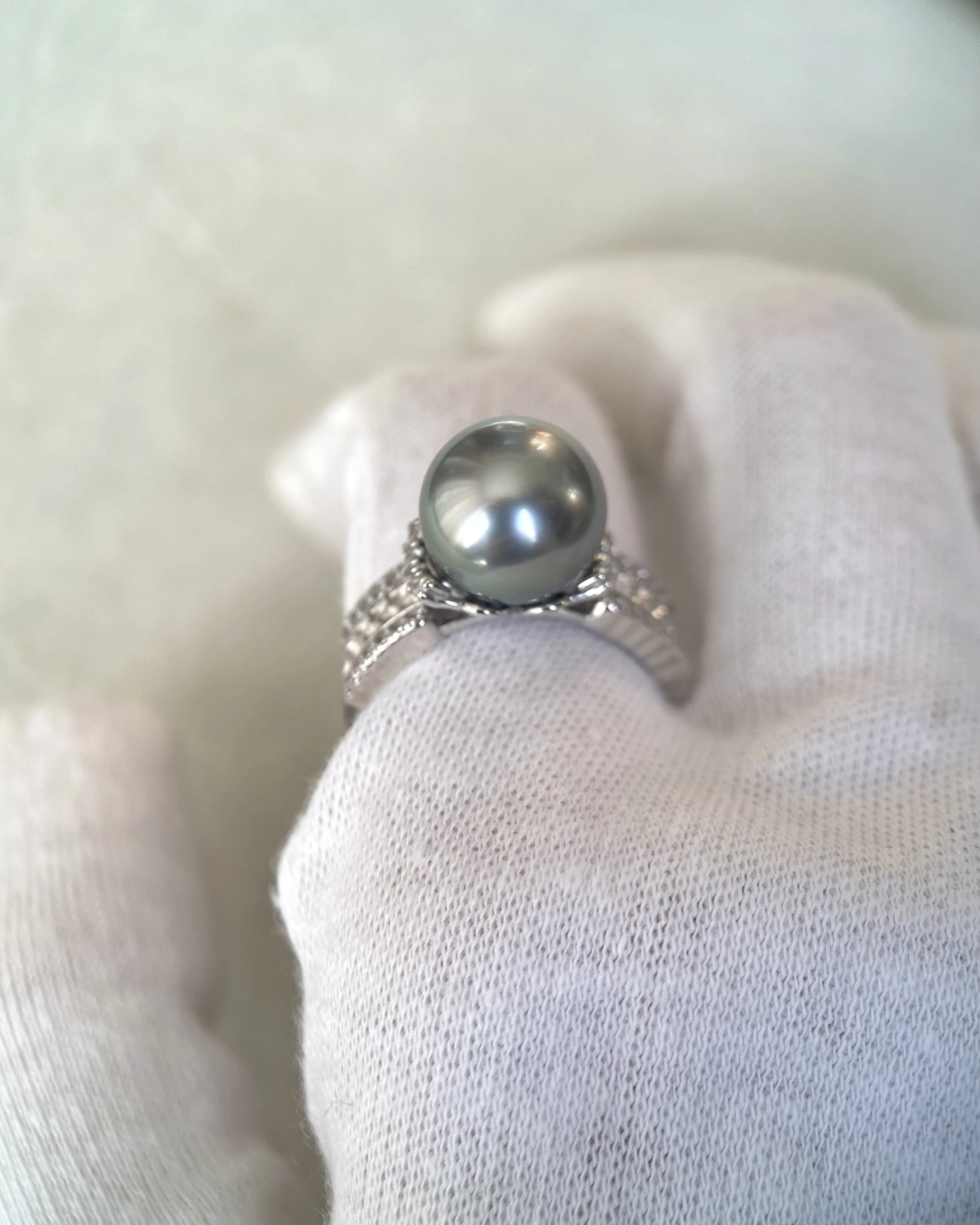 Large 11.3mm Platinum-Grey Tahitian South Sea Pearl Ring, Metallic Lustre, Pavé CZ Crown S925 Silver Adjustable Band Starlit Pearls