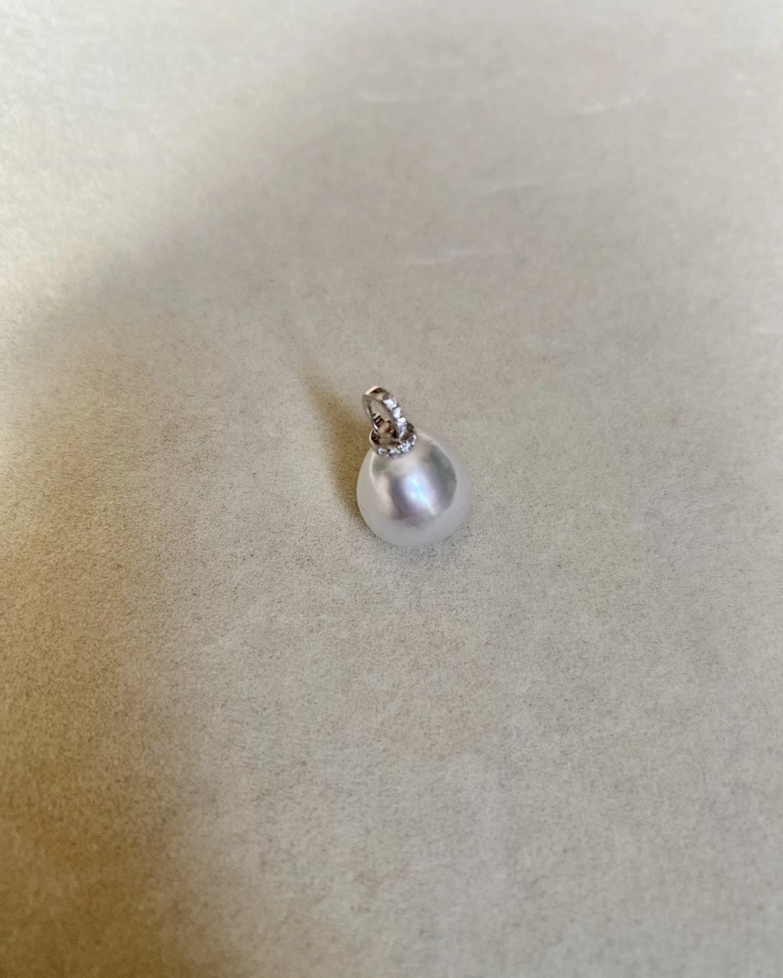 Solid 18ct White Gold_12mm Silver White Australian South Sea Baroque Pearl Pendant, 18K CZ Bail, Rare Cool-Tone Satin Lustre Starlit Pearls