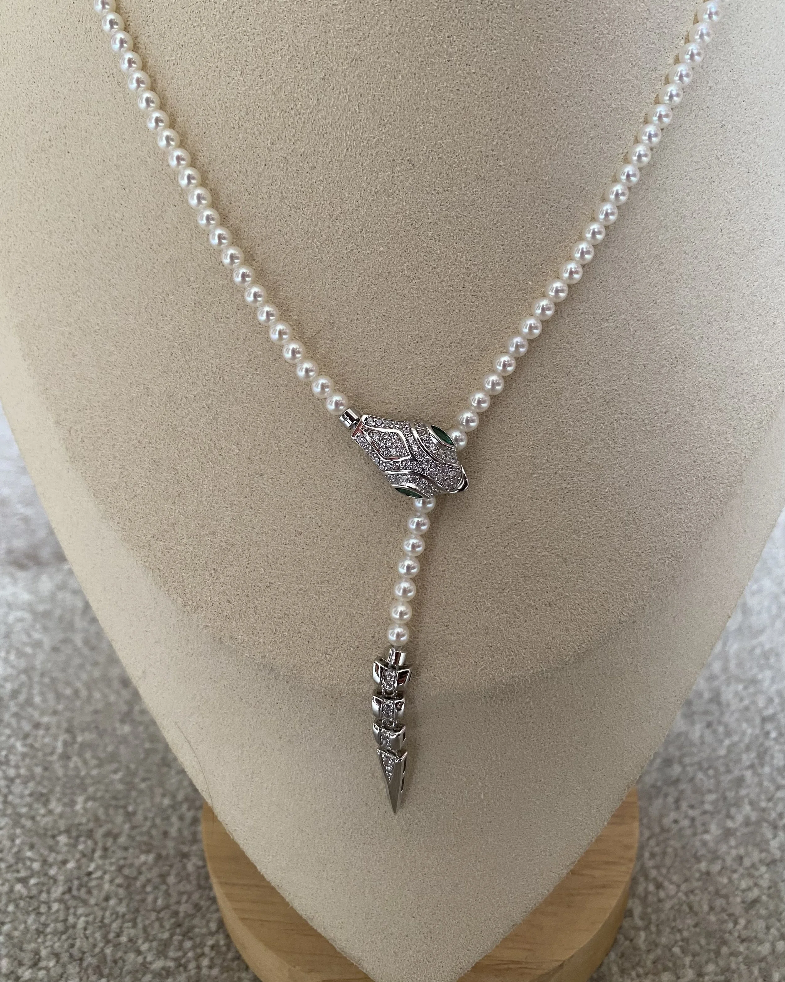 18.7" Long Mini White Freshwater Pearl Necklace 3.5-4mm – Serpent-Inspired S925 Silver Clasp with Emerald CZ Eyes, Wedding or Gifting Starlit Pearls