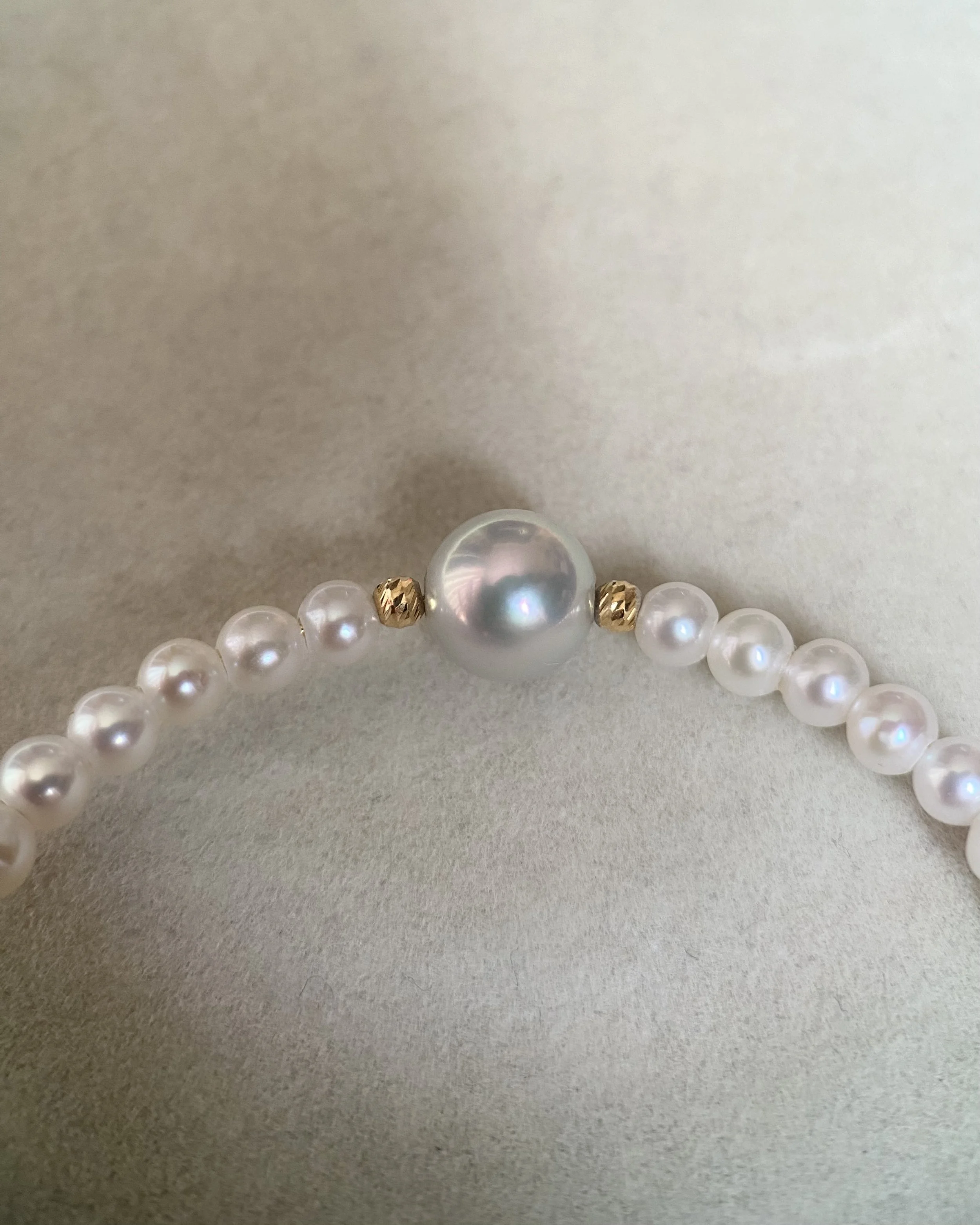 Specially Selected Japanese Silver-White Madama Akoya Pearl Bracelet 7.8mm, Mirror Lustre,Freshwater Pearls, Faceted 18K Gold Accents Starlit Pearls