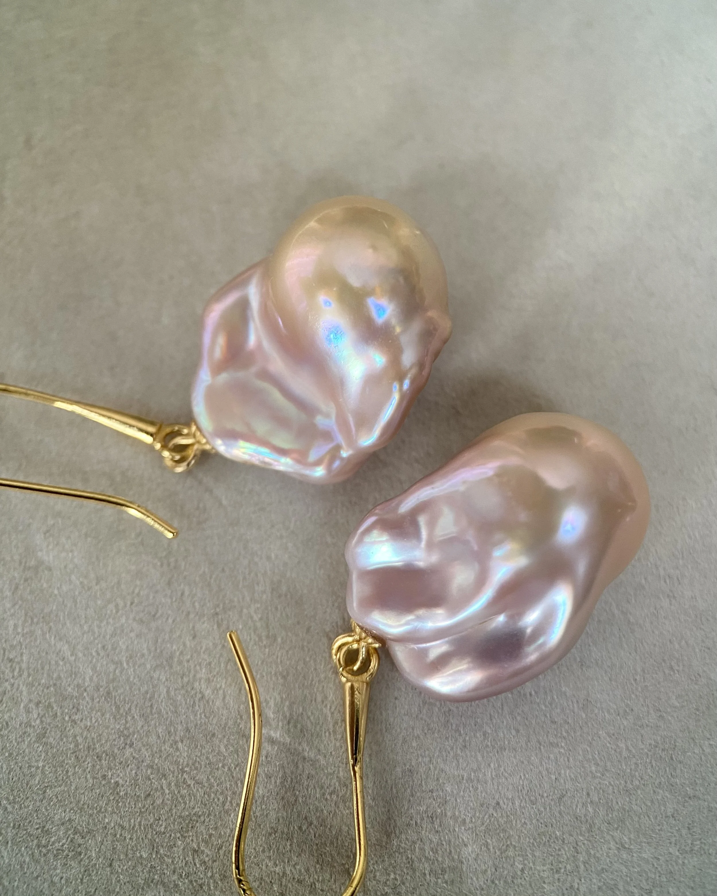 Giant 22mm Natural Pastel-Ombre Baroque Freshwater Pearl Hook Earrings, Pink Sunset Iridescence, Minimalist S925 Silver, Chubby Shape Starlit Pearls