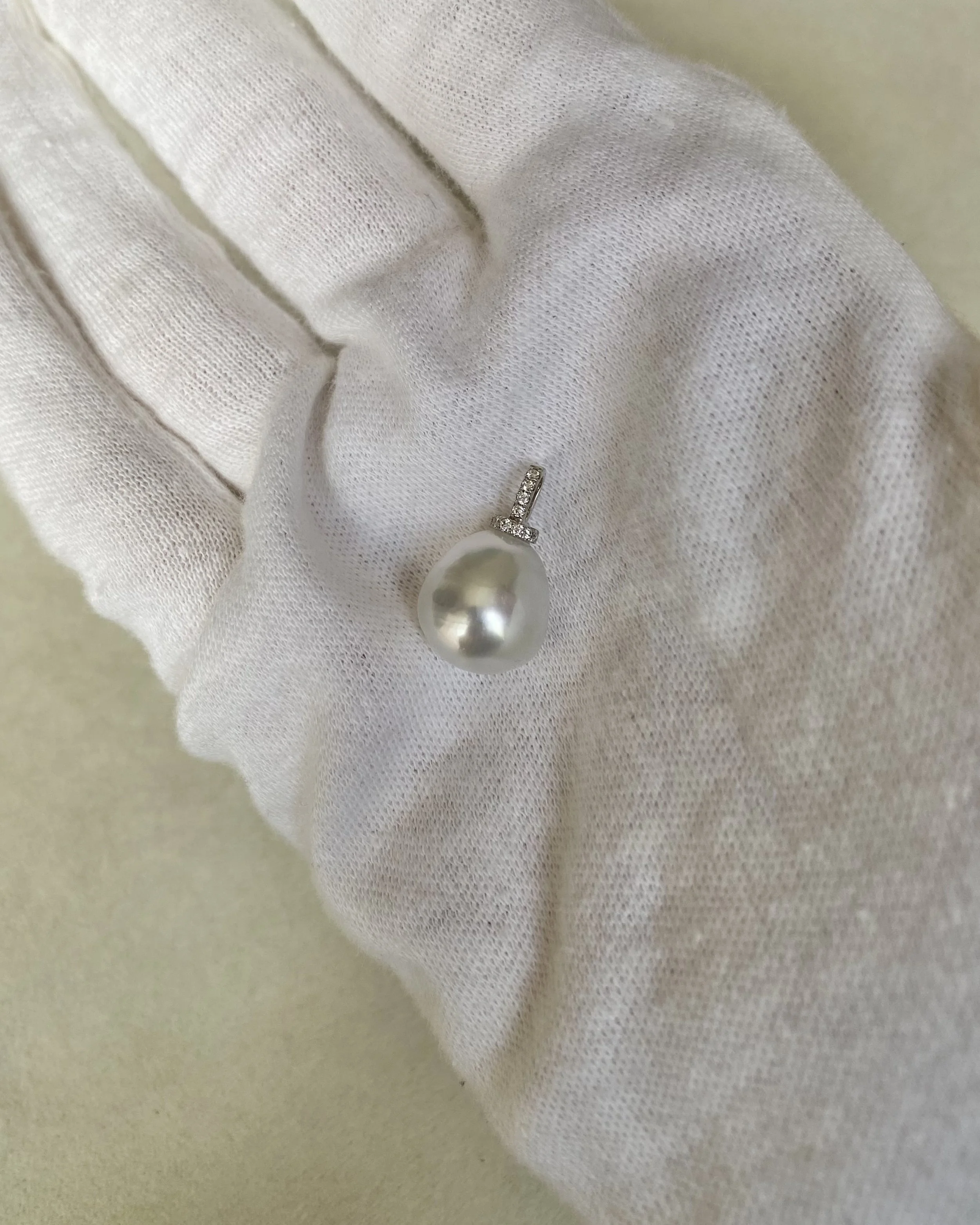 Solid 18ct White Gold_12mm Silver White Australian South Sea Baroque Pearl Pendant, 18K CZ Bail, Rare Cool-Tone Satin Lustre Starlit Pearls