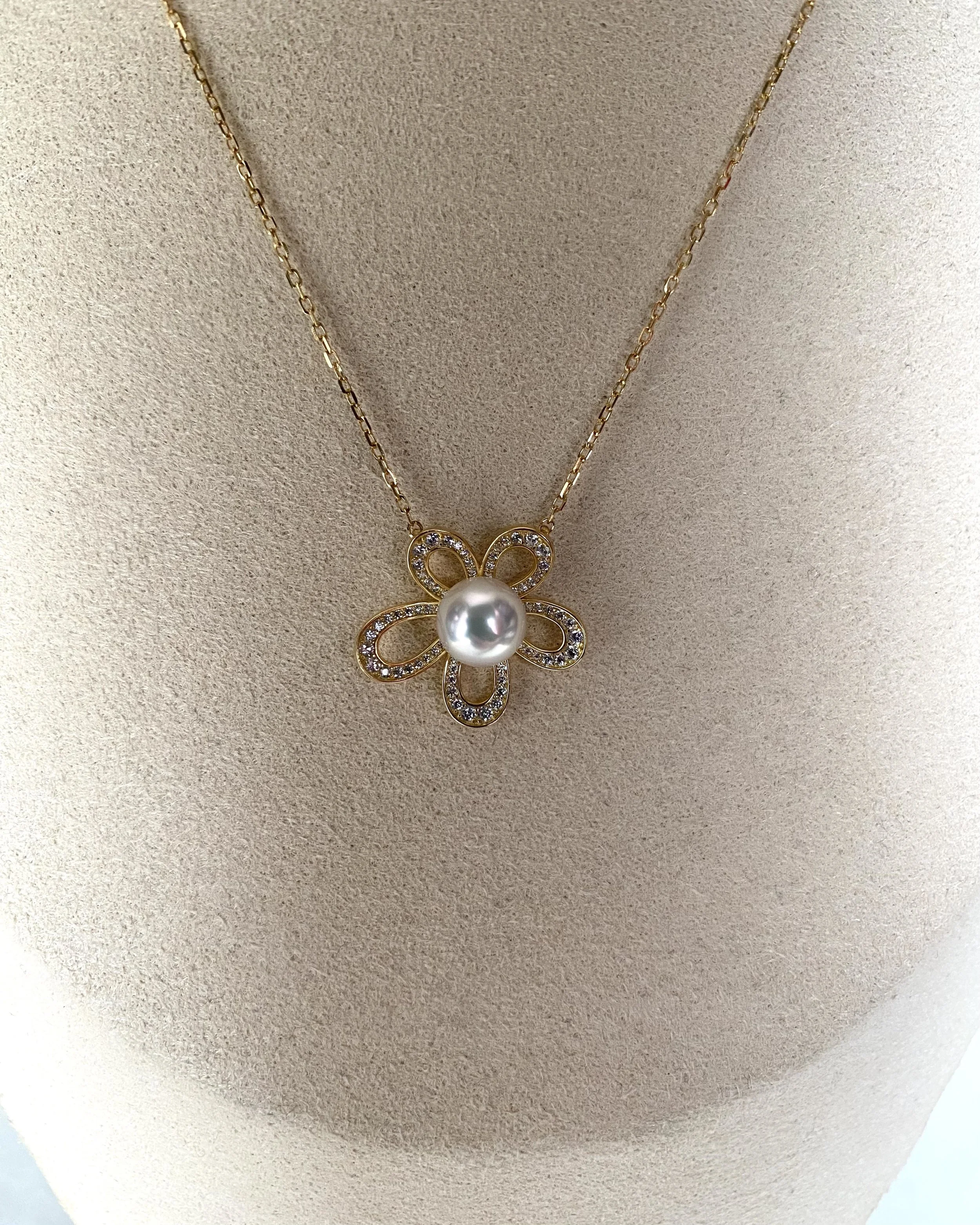 Japanese Akoya Pearl Flower Necklace 7.5mm, Flawless 6A White-Pink Pearl, S925 Silver Flowing Floral Design with CZ, Exhibition Piece Starlit Pearls
