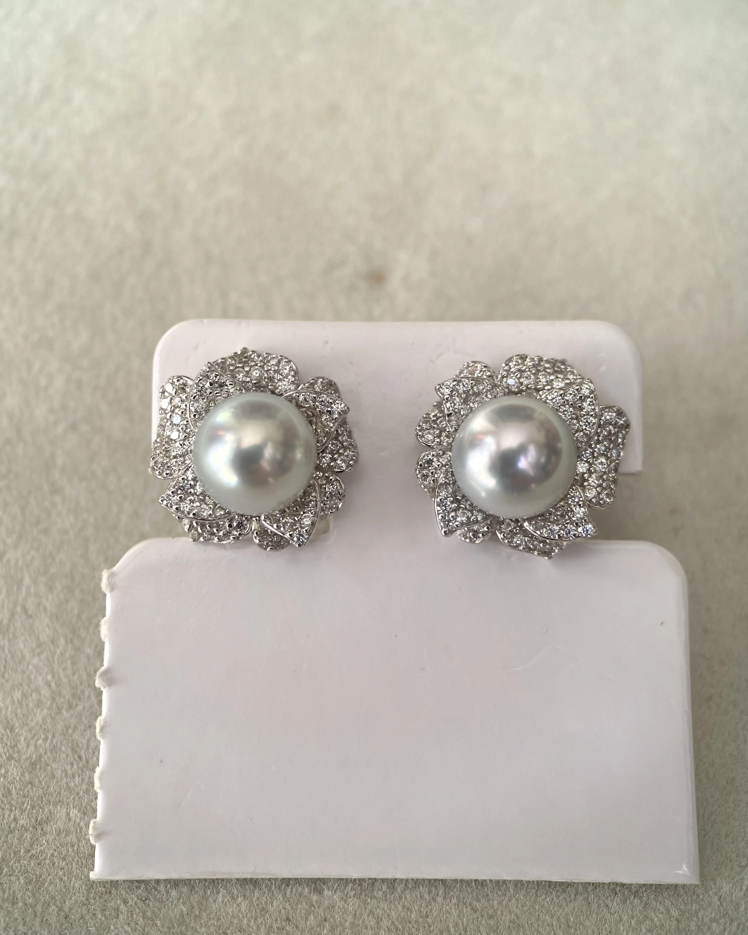8mm Japanese Natural Silver-Grey Madama Akoya Pearl Camellia Stud Earrings, Mirror Lustre, S925 Layered Pavé CZ Petals, Show Piece