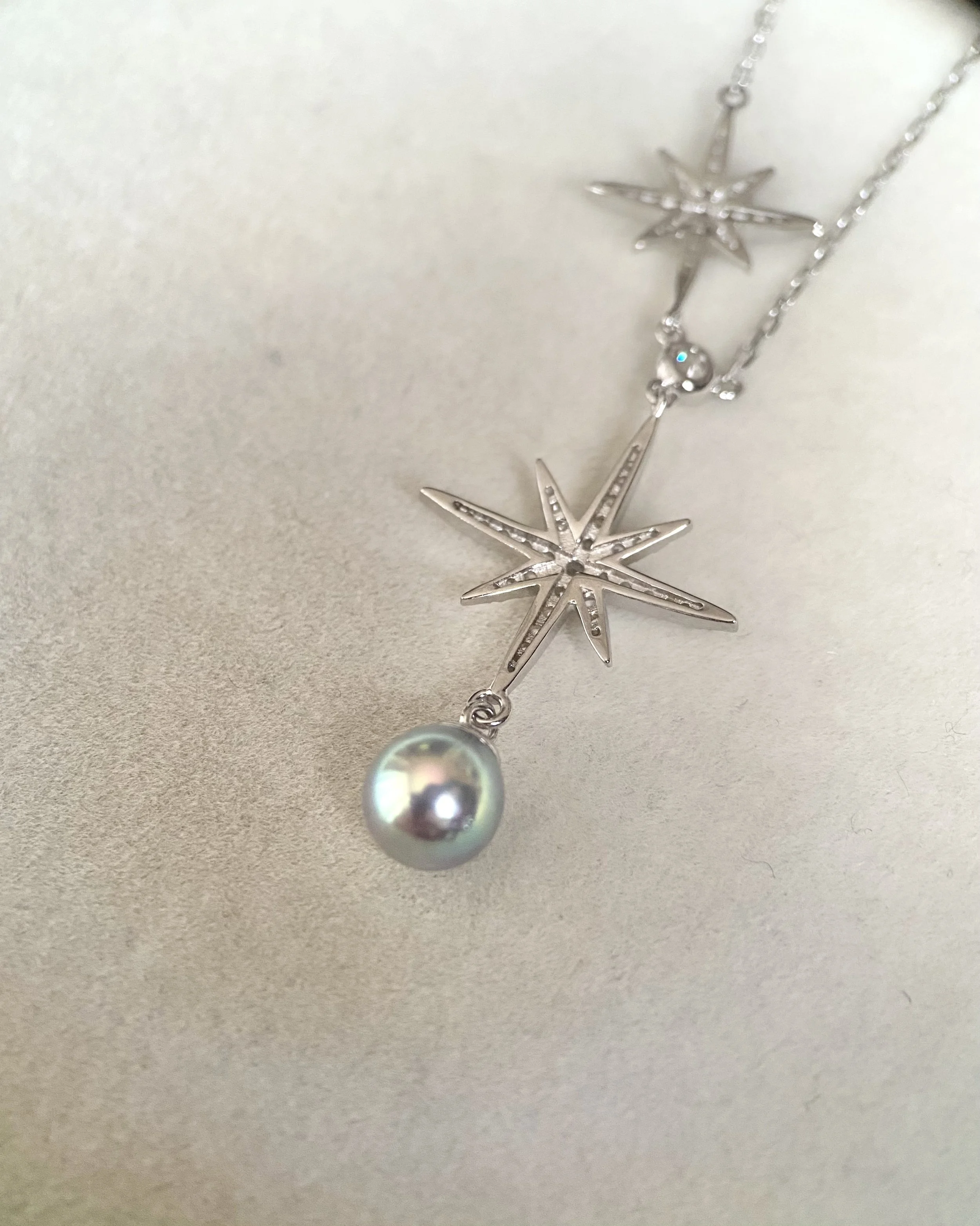 Japanese Silver-Peacock Green Madama Akoya Pearl Pendant Necklace 7mm, 7A Aurora Lustre, Starburst Pavé CZ S925 Chain, Made In Japan Starlit Pearls