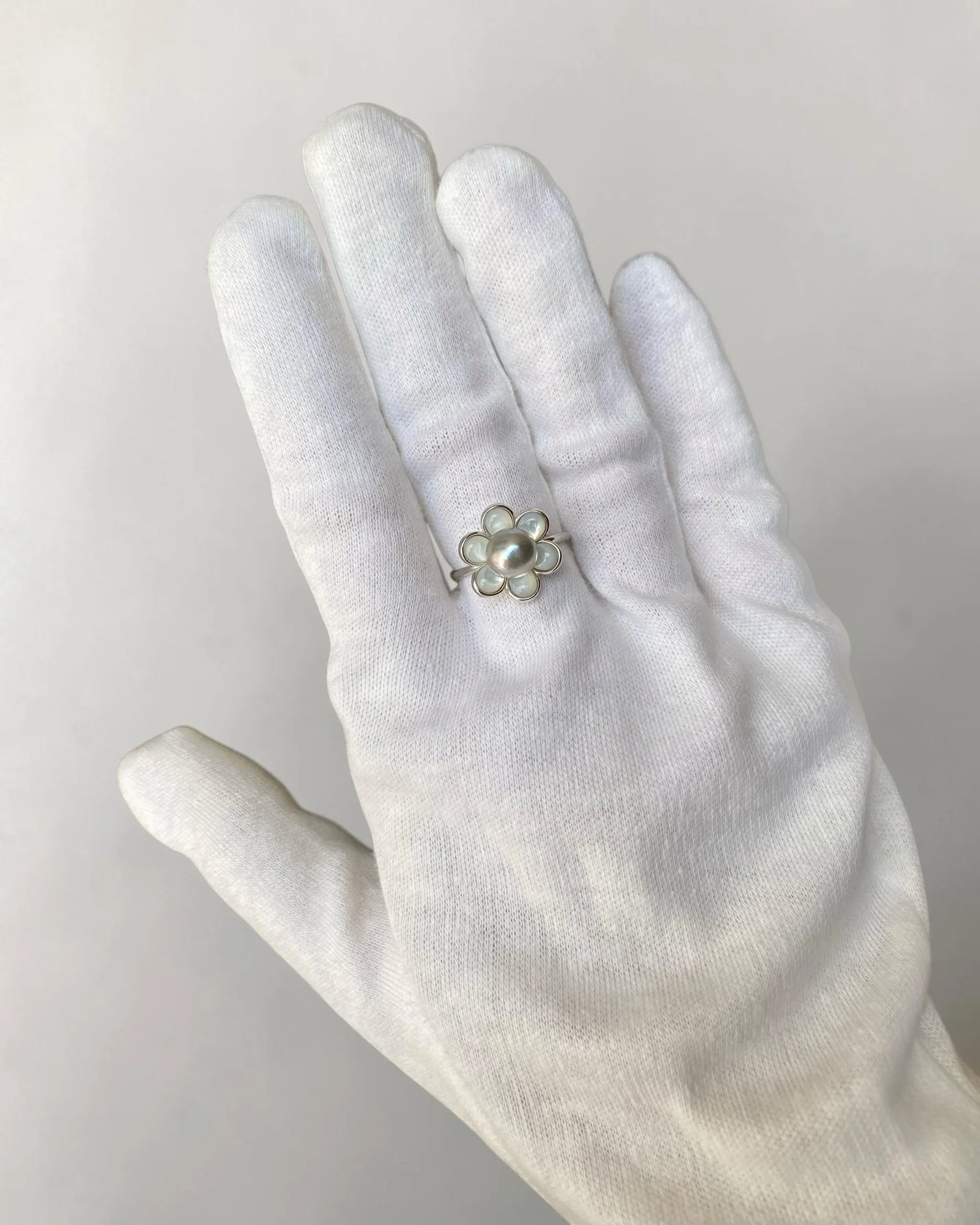 Japanese Natural Silver-Grey Madama Akoya Pearl Flower Ring 7.3mm, Rainbow Overtones, Mother of Pearl Petals, Silver Adjustable Band
