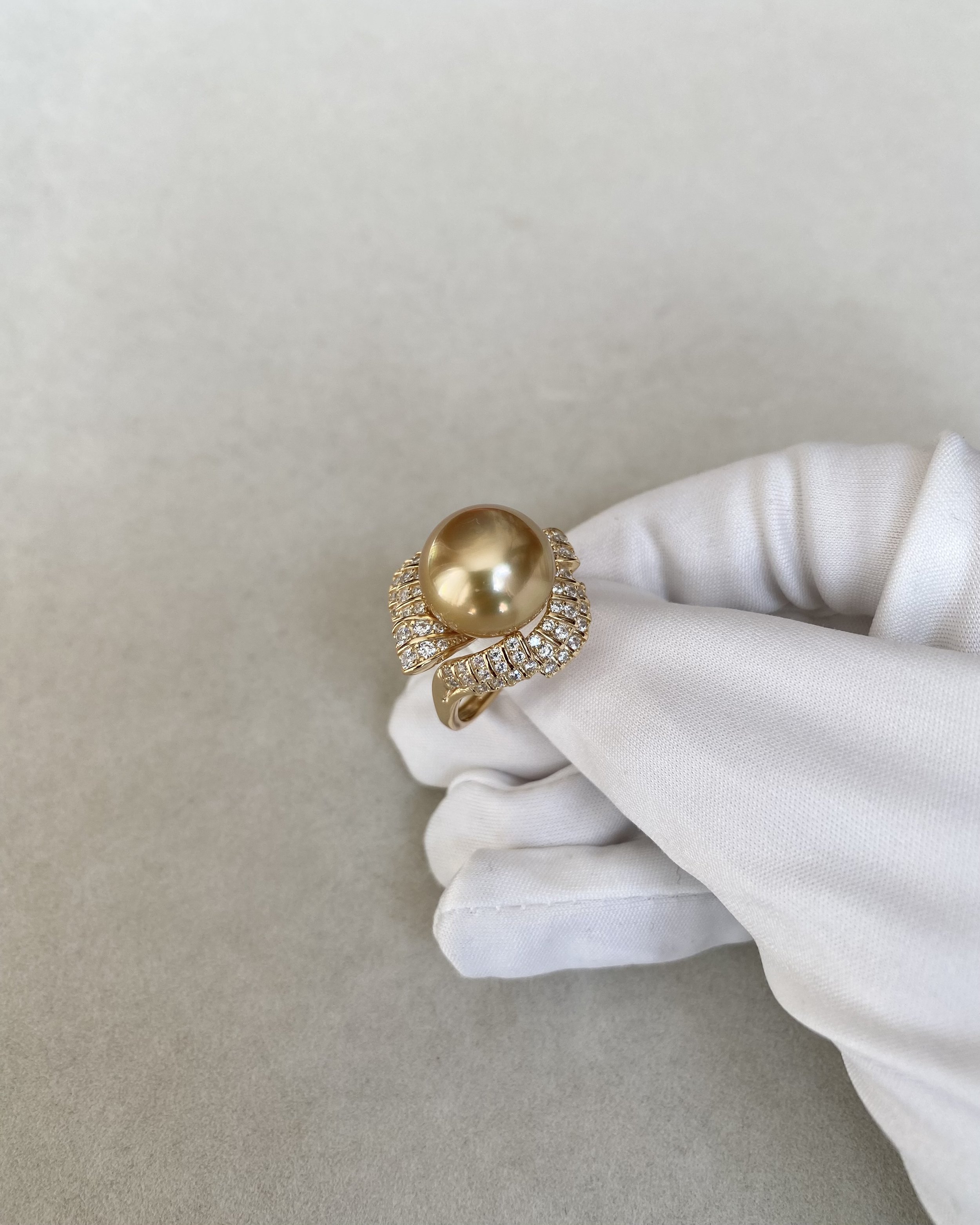 Large 13.2mm Golden South Sea Pearl Ring, Deep Rich Gold Tone, Sculptural Ribbon Pavé-Set S925 Sterling Silver Adjustable Band Starlit Pearls