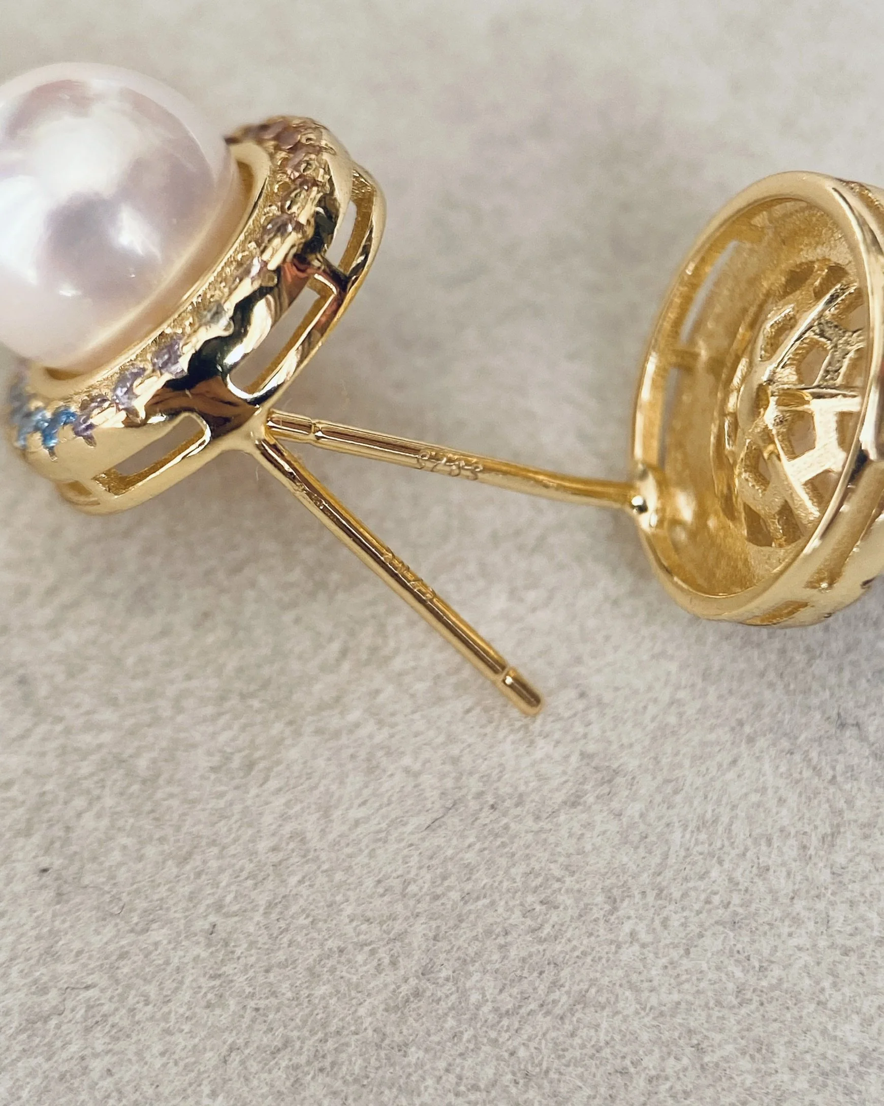 Rare Padparadscha_Japanese Akoya Pearl Earrings, 8mm Tennyo, White-Rose Overtone, S925 Bezel-Set with Rainbow Sapphire Halo, Showpiece Starlit Pearls