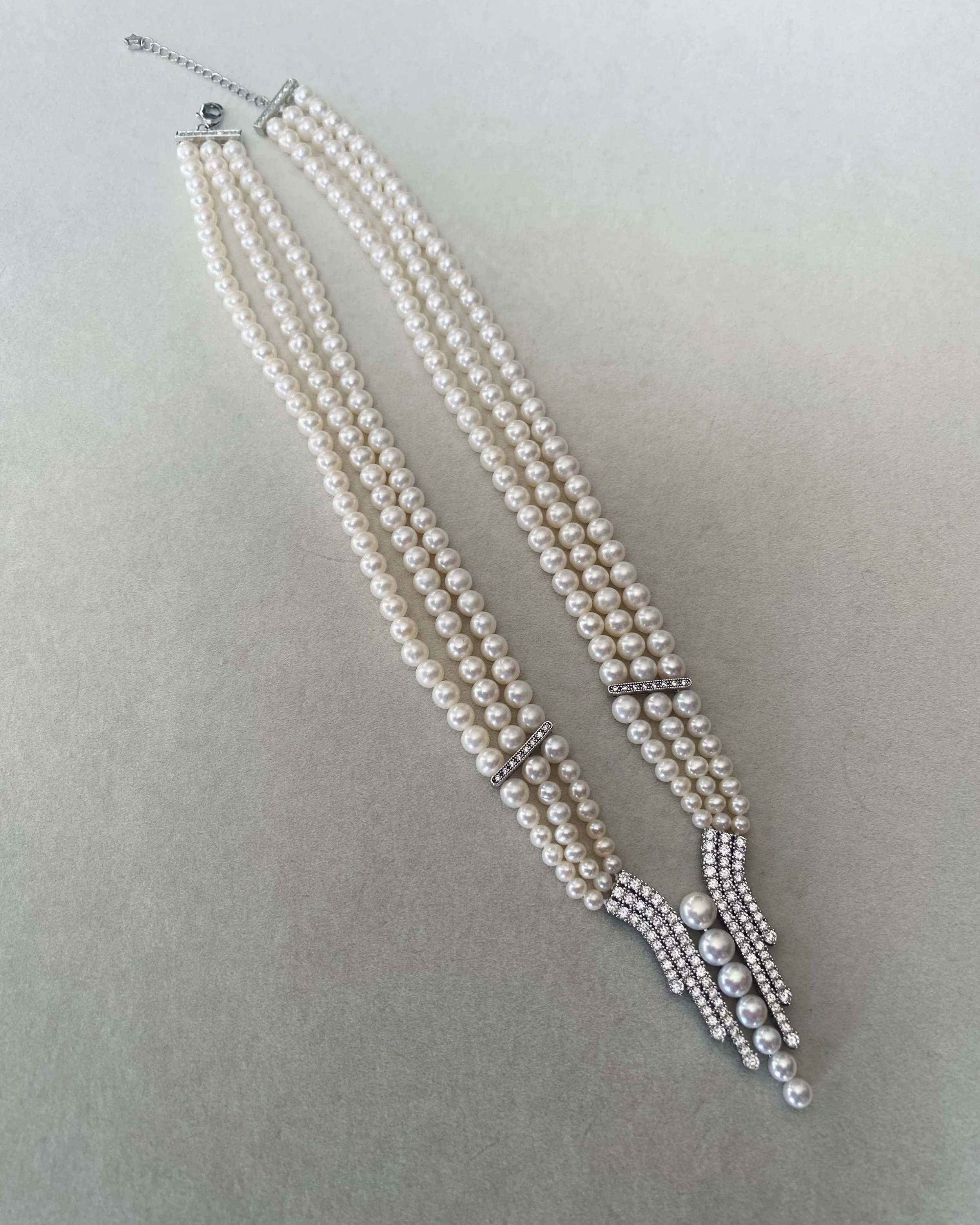 Triple-Strand Classic White Nucleus-Free Freshwater Pearl Necklace 6mm, Graduated Cascade Drop Design, S925 Sterling Silver Starlit Pearls