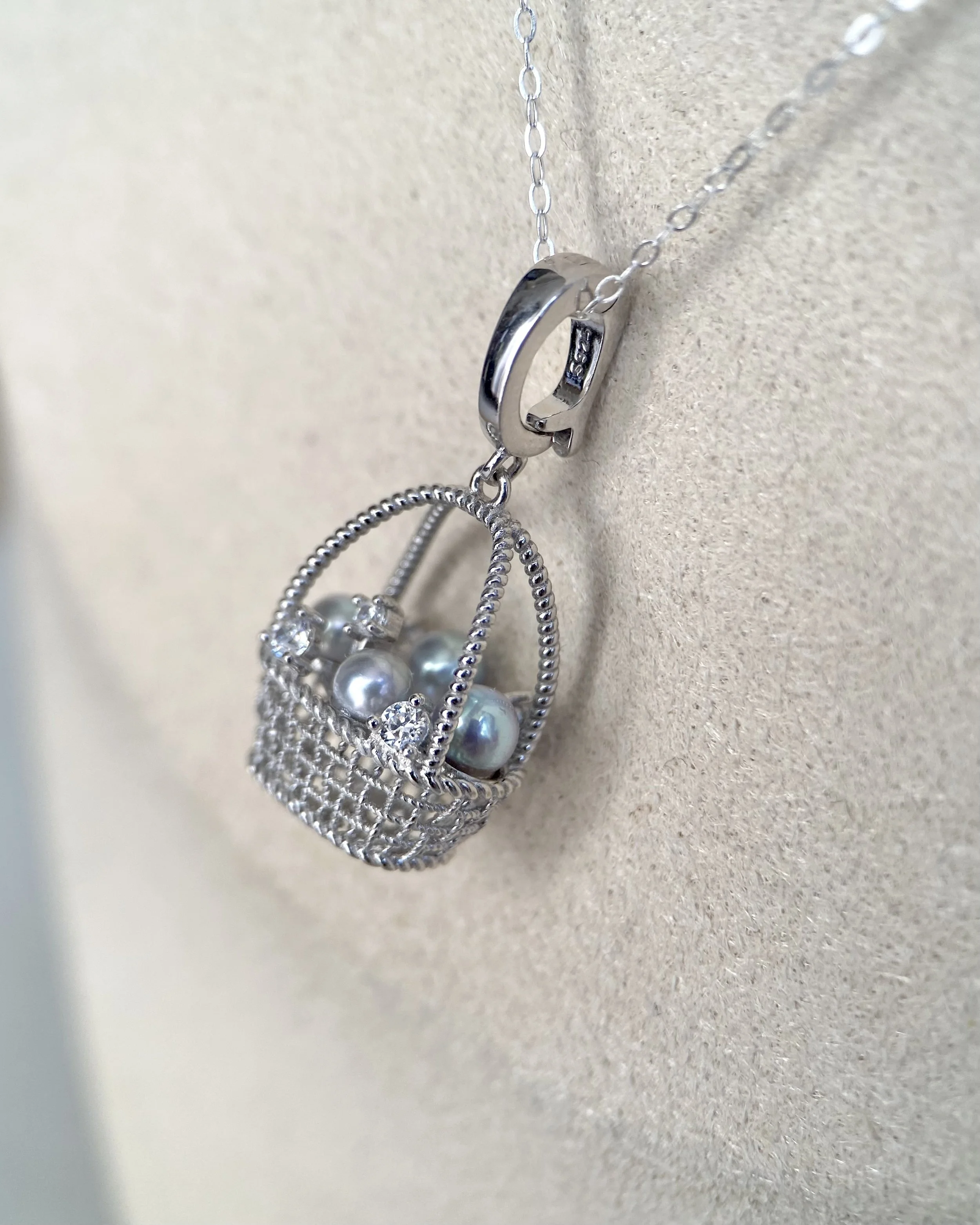 Top Gr Japanese Silver-Grey Saiundama Akoya Pearl Pendant, Sculptural 3D Woven Treasure Basket with Four Pearls_CZ_S925, Show Piece Starlit Pearls