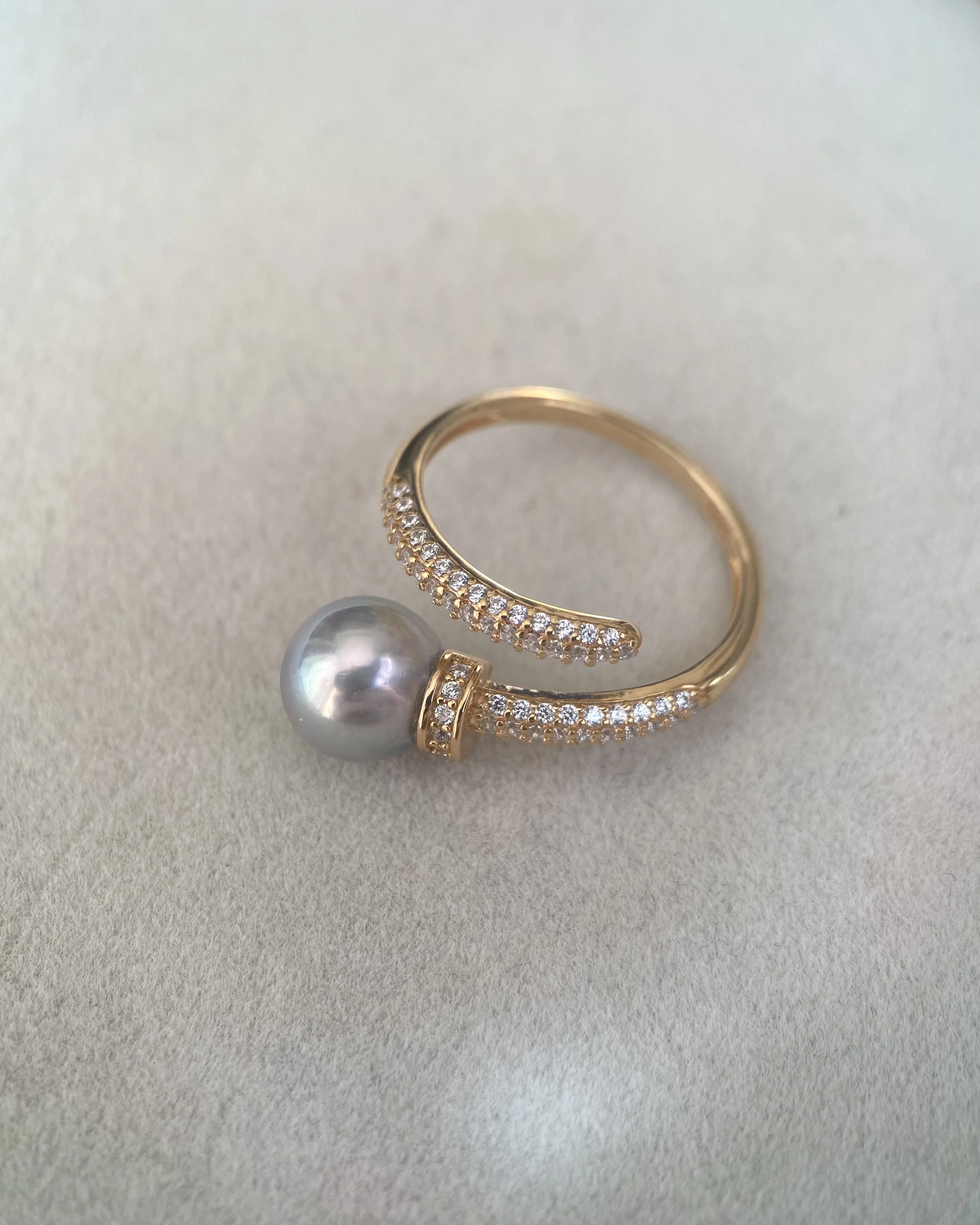 Premium 8.3mm Natural Silver-Grey Blue Japanese Madama Akoya Pearl Nail Ring, Mirror Lustre, S925 & Pavé CZ, Adjustable, Show Piece Starlit Pearls