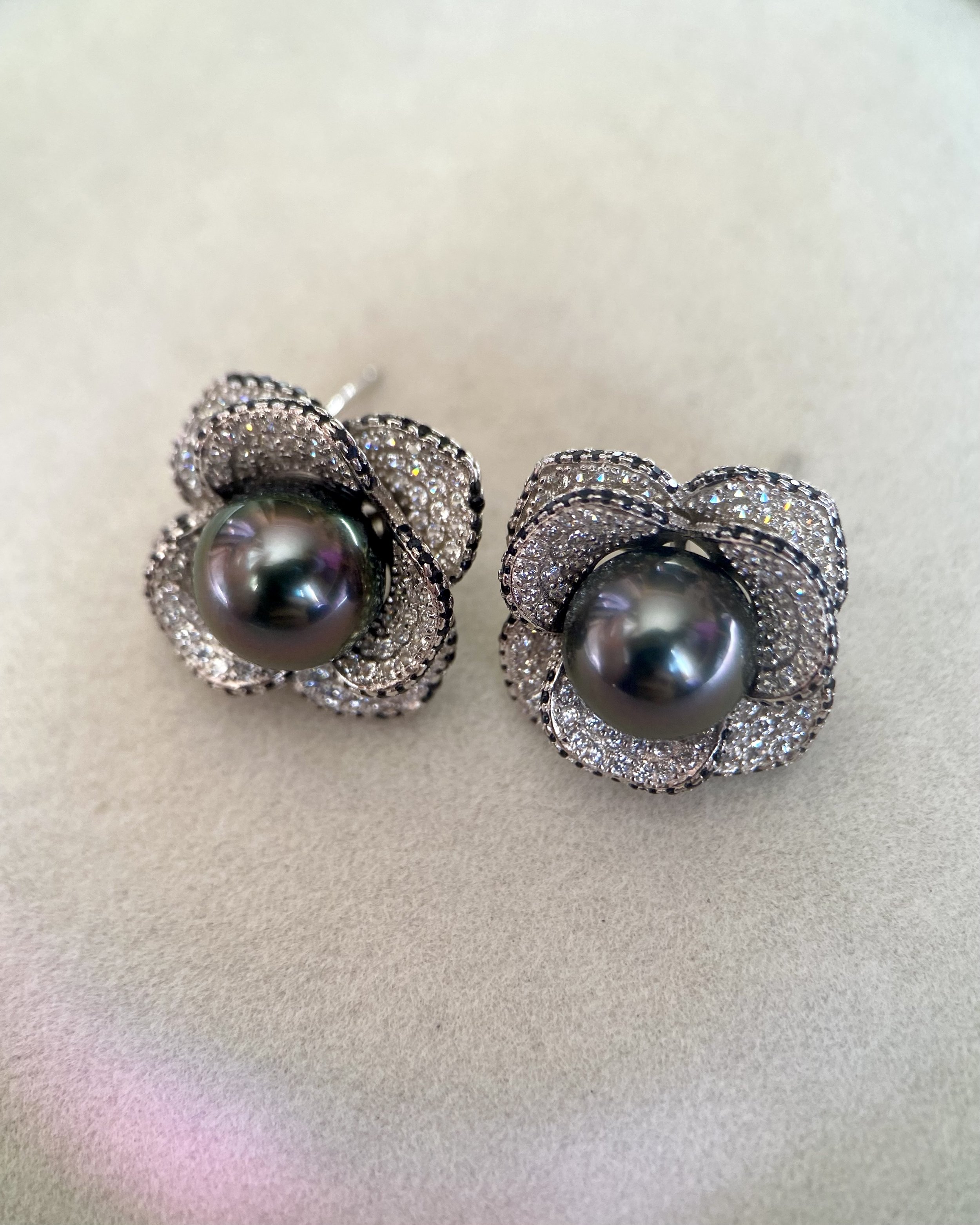 9mm Tahitian Black South Sea Pearl Earrings, Piaget Rose-Inspired Petalburst Design in S925 Silver & CZ, Violet Overtone, Oilshine Lustre Starlit Pearls