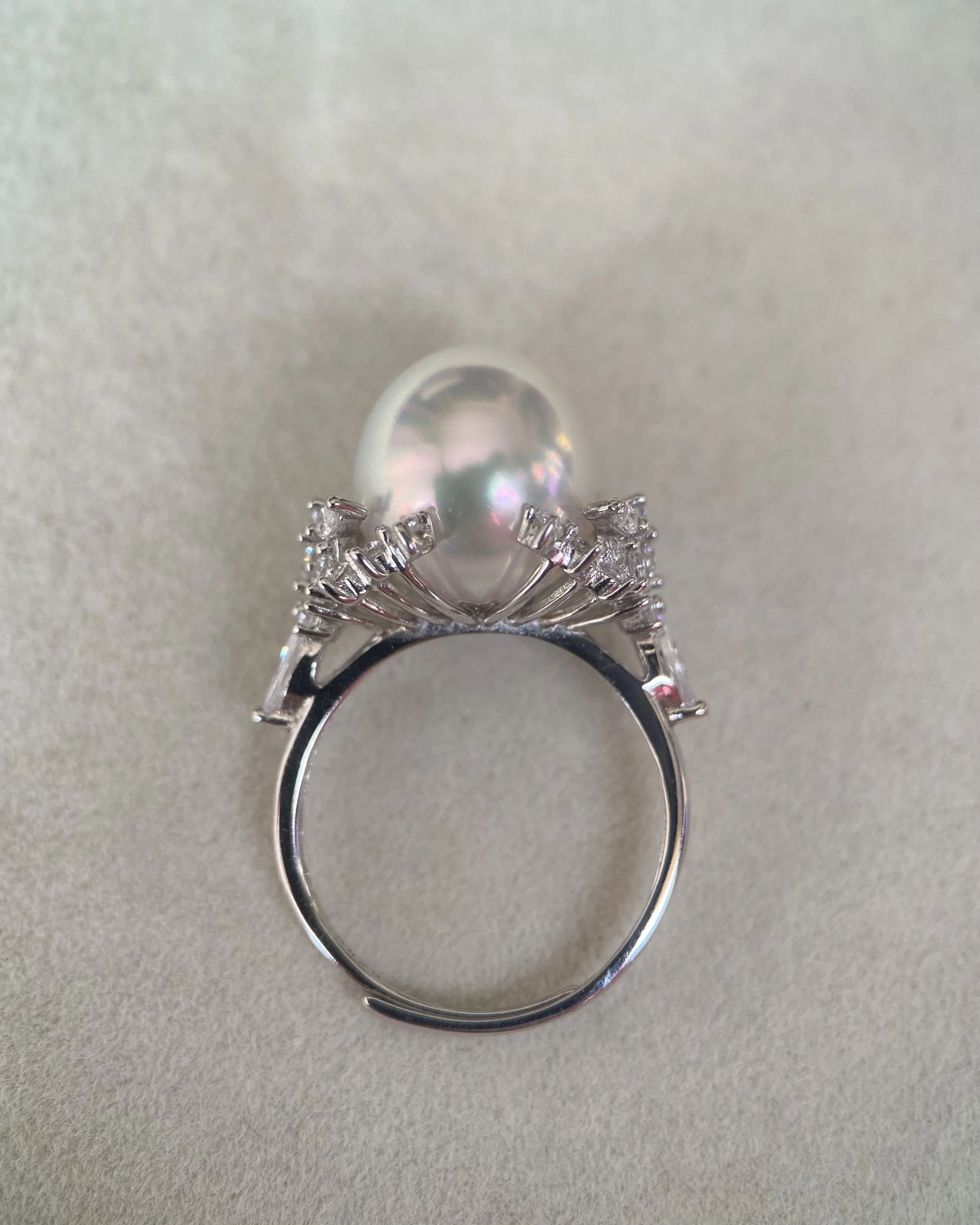 Regal 11.5-12mm Aurora Ice White Australian South Sea Pearl Ring, Satin Lustre, S925 Silver Floral Crown Setting_CZ Brilliance Starlit Pearls