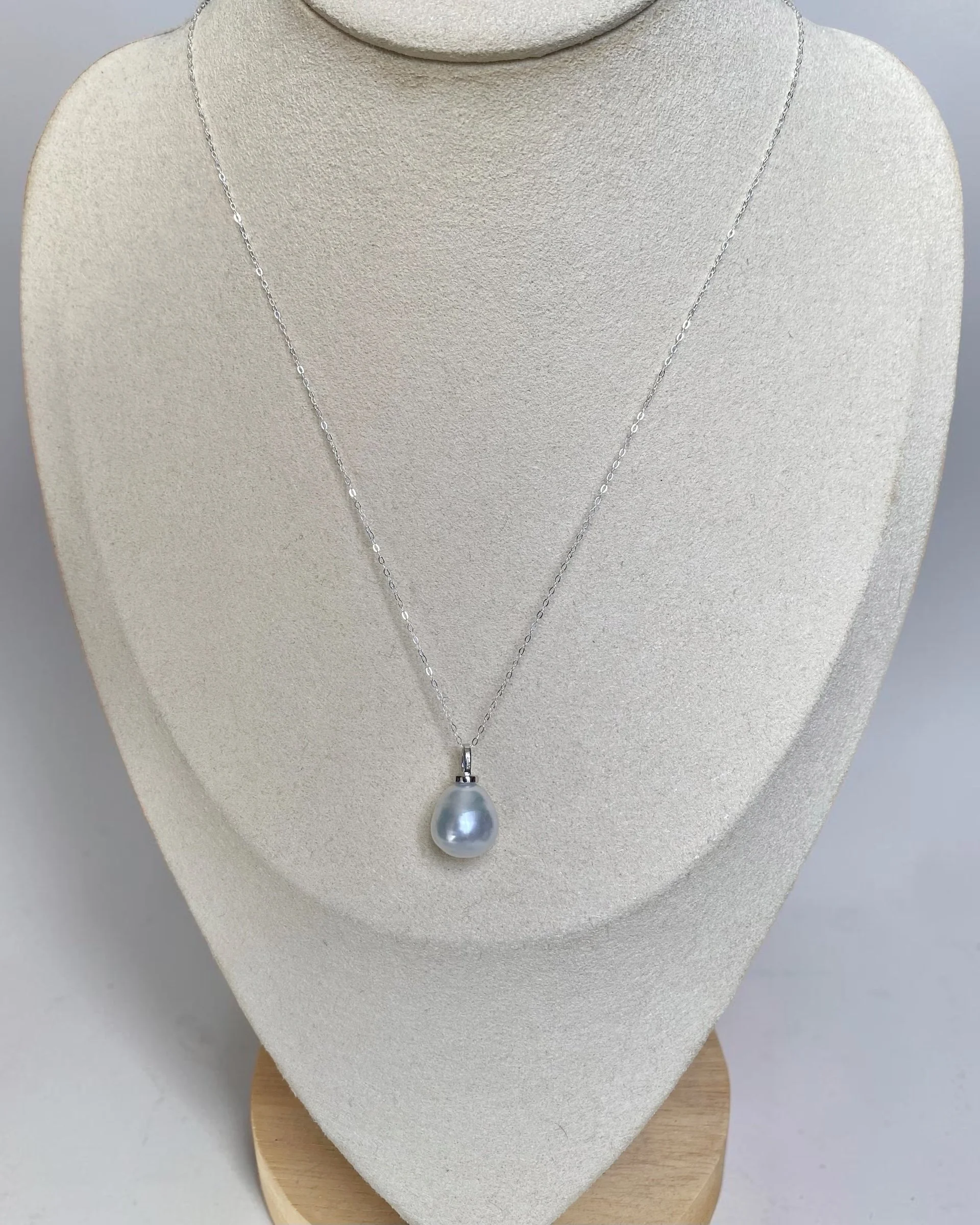 Solid 18ct White Gold_12mm Silver White Australian South Sea Baroque Pearl Pendant, 18K CZ Bail, Rare Cool-Tone Satin Lustre Starlit Pearls