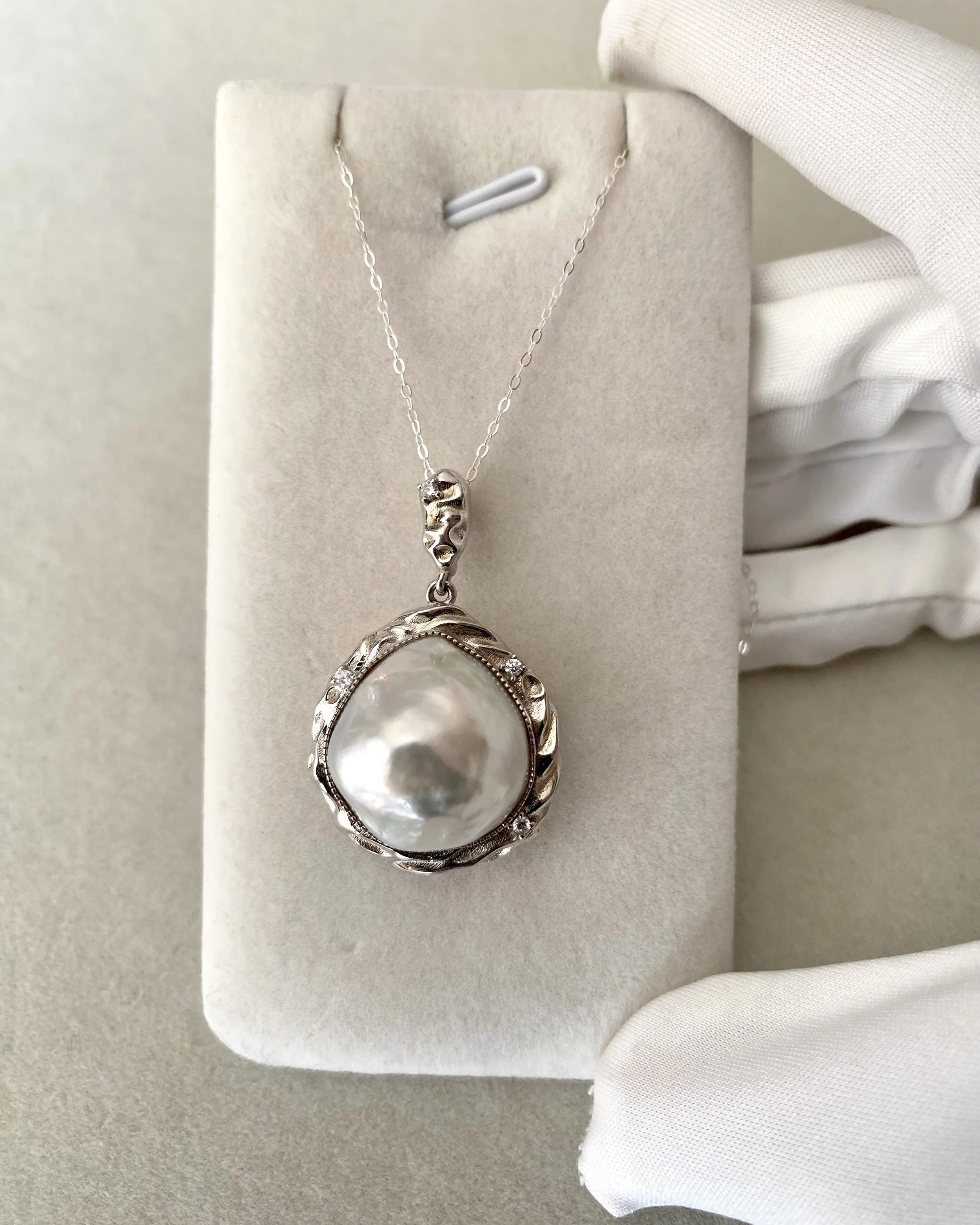 Giant 17.5mm Australian South Sea Silver Baroque Pearl Pendant, Rare Natural Silver Tone, Handcrafted Hammered S925 Silver Setting