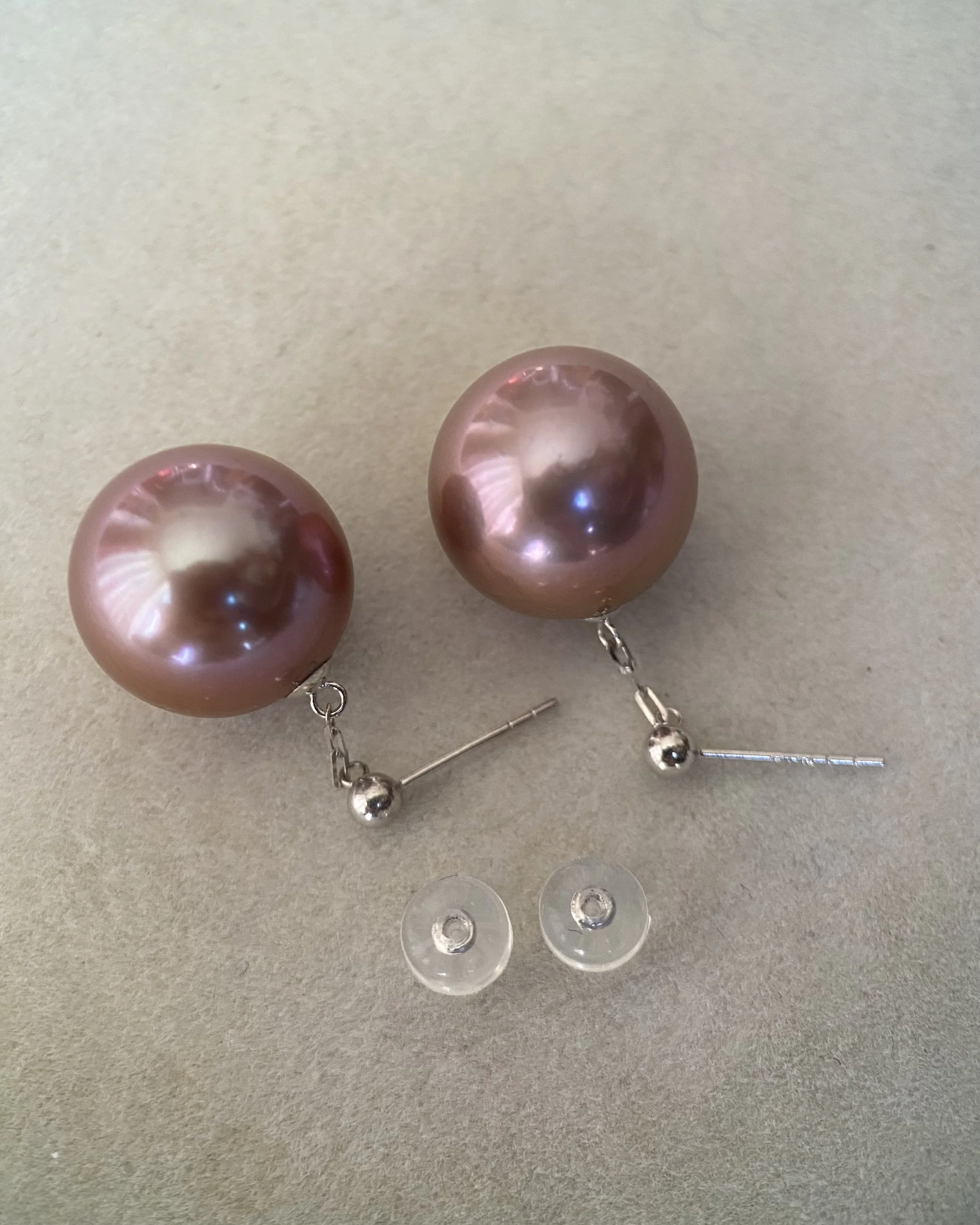 Giant 14.2mm Natural Plum-Pie Purple Freshwater Pearl Drop Earrings – Top-Tier 6A Quality, Mirror Lustre, Thick Solid 18K White Gold Starlit Pearls