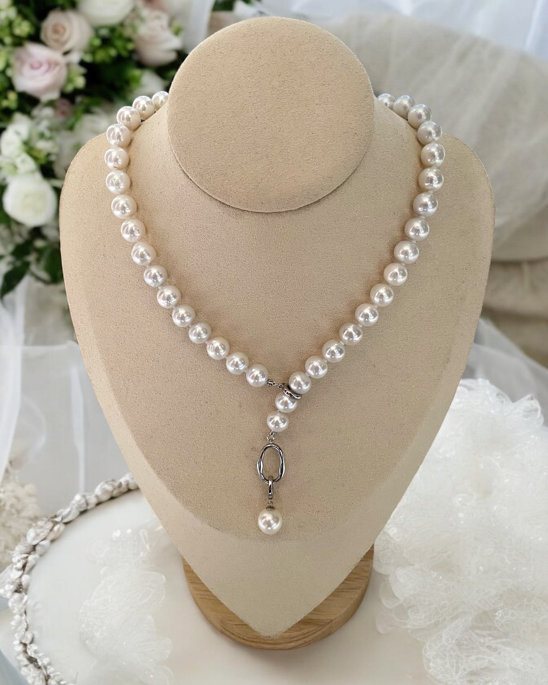 Premium 9-9.5mm Glacial White Freshwater Pearl Necklace, Striking Lustre, Pale Pink Overtones, Japanese Original S925 Multi-Function Clasp Starlit Pearls