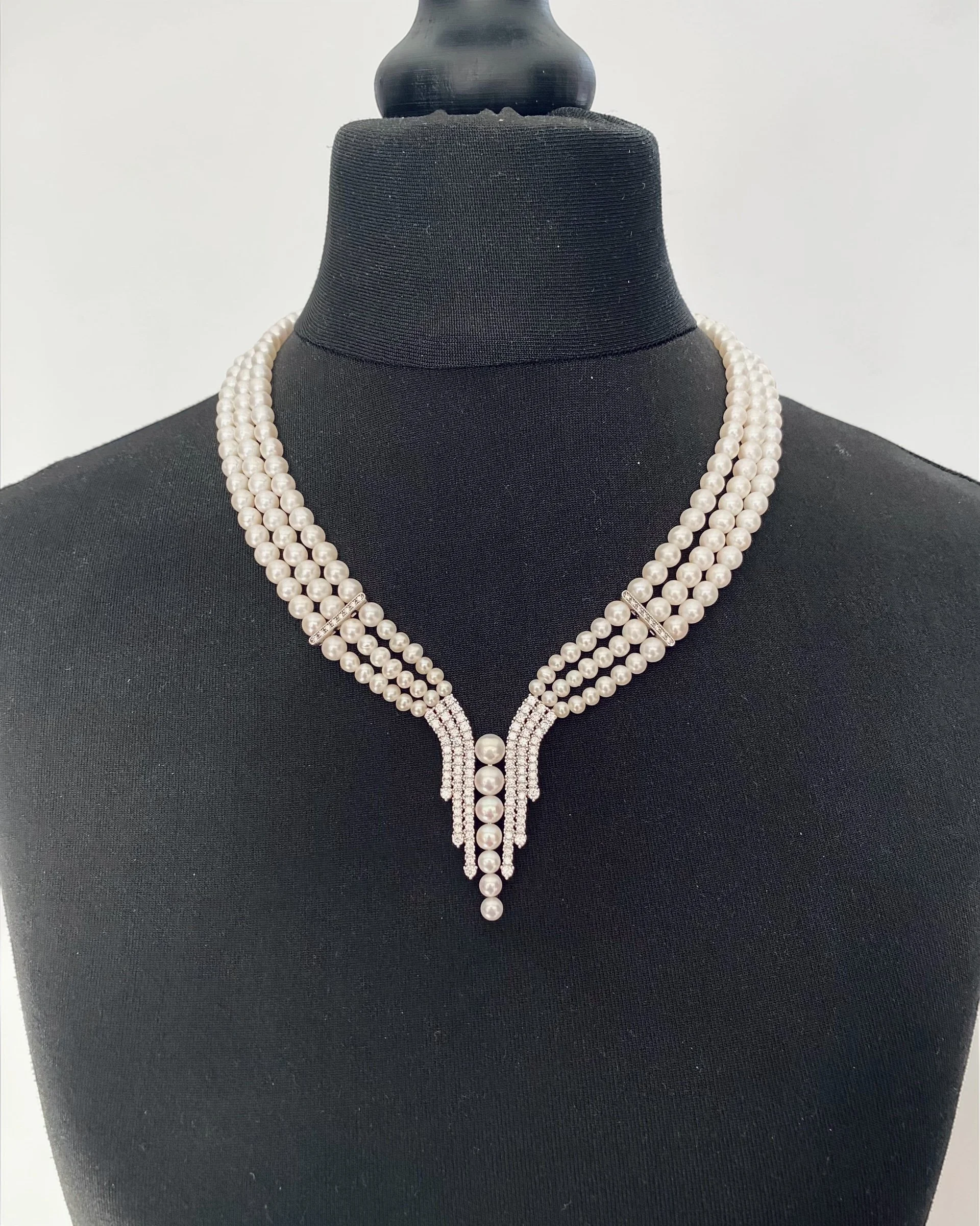 Triple-Strand Classic White Nucleus-Free Freshwater Pearl Necklace 6mm, Graduated Cascade Drop Design, S925 Sterling Silver Starlit Pearls