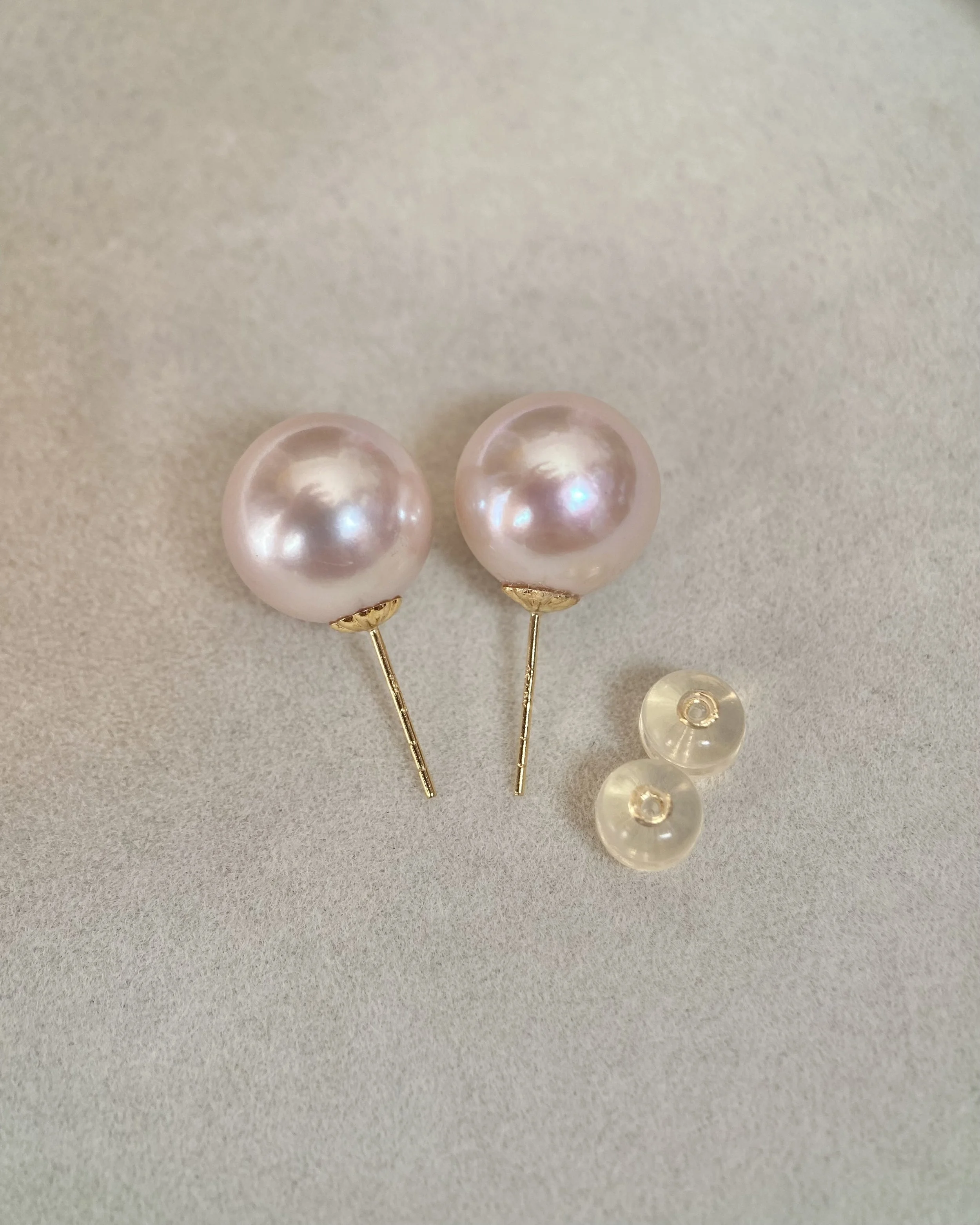 18K Gold Posts_Rare Japanese Rose Pink Freshwater Pearl Stud Earrings 11.3mm, AU750, Mirror Lustre Starlit Pearls