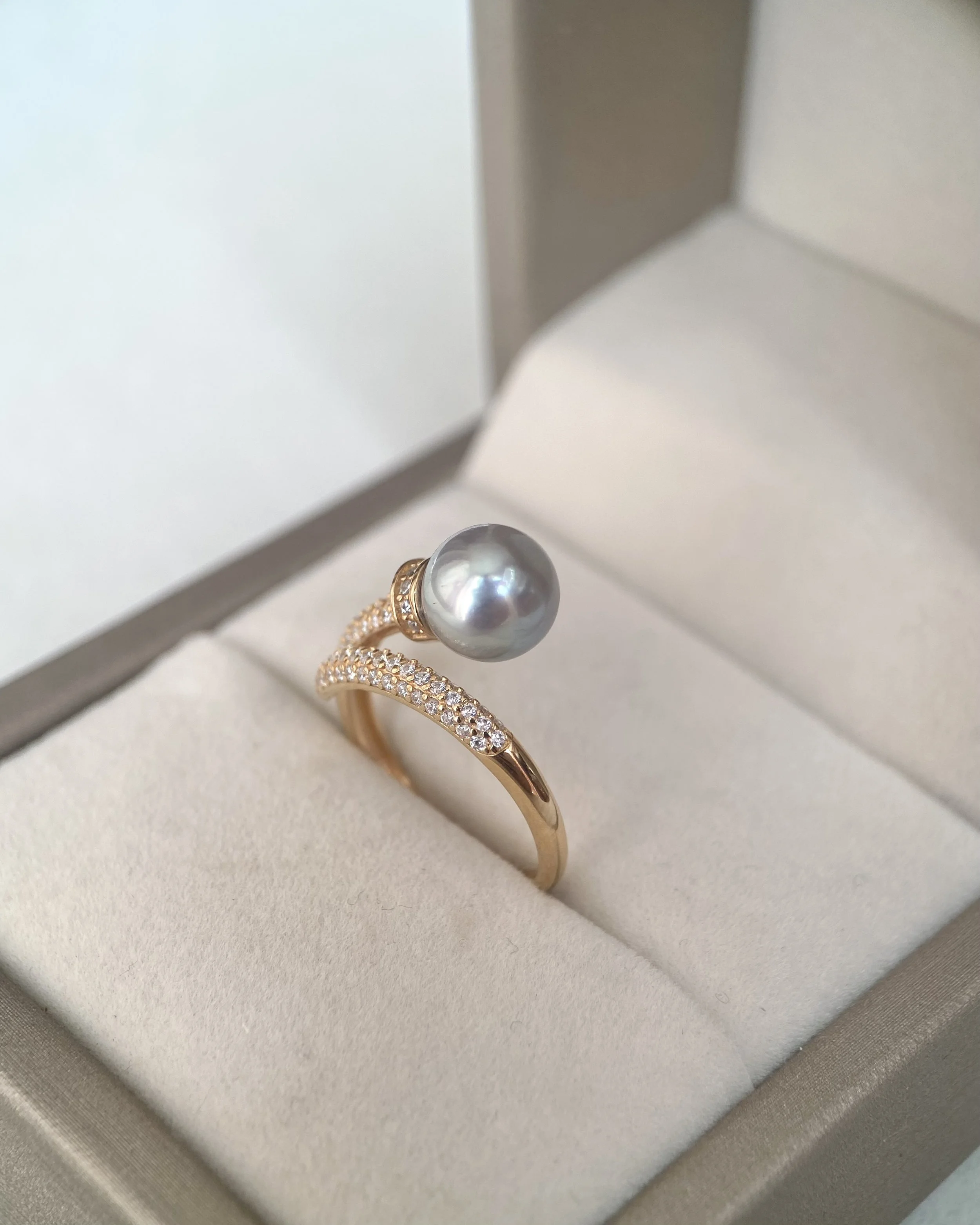 Premium 8.3mm Natural Silver-Grey Blue Japanese Madama Akoya Pearl Nail Ring, Mirror Lustre, S925 & Pavé CZ, Adjustable, Show Piece Starlit Pearls