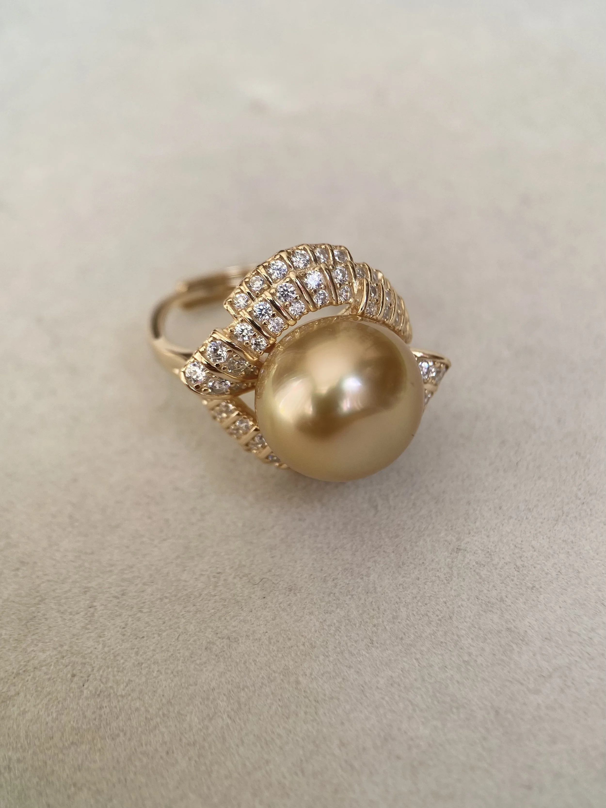 Large 13.2mm Golden South Sea Pearl Ring, Deep Rich Gold Tone, Sculptural Ribbon Pavé-Set S925 Sterling Silver Adjustable Band Starlit Pearls