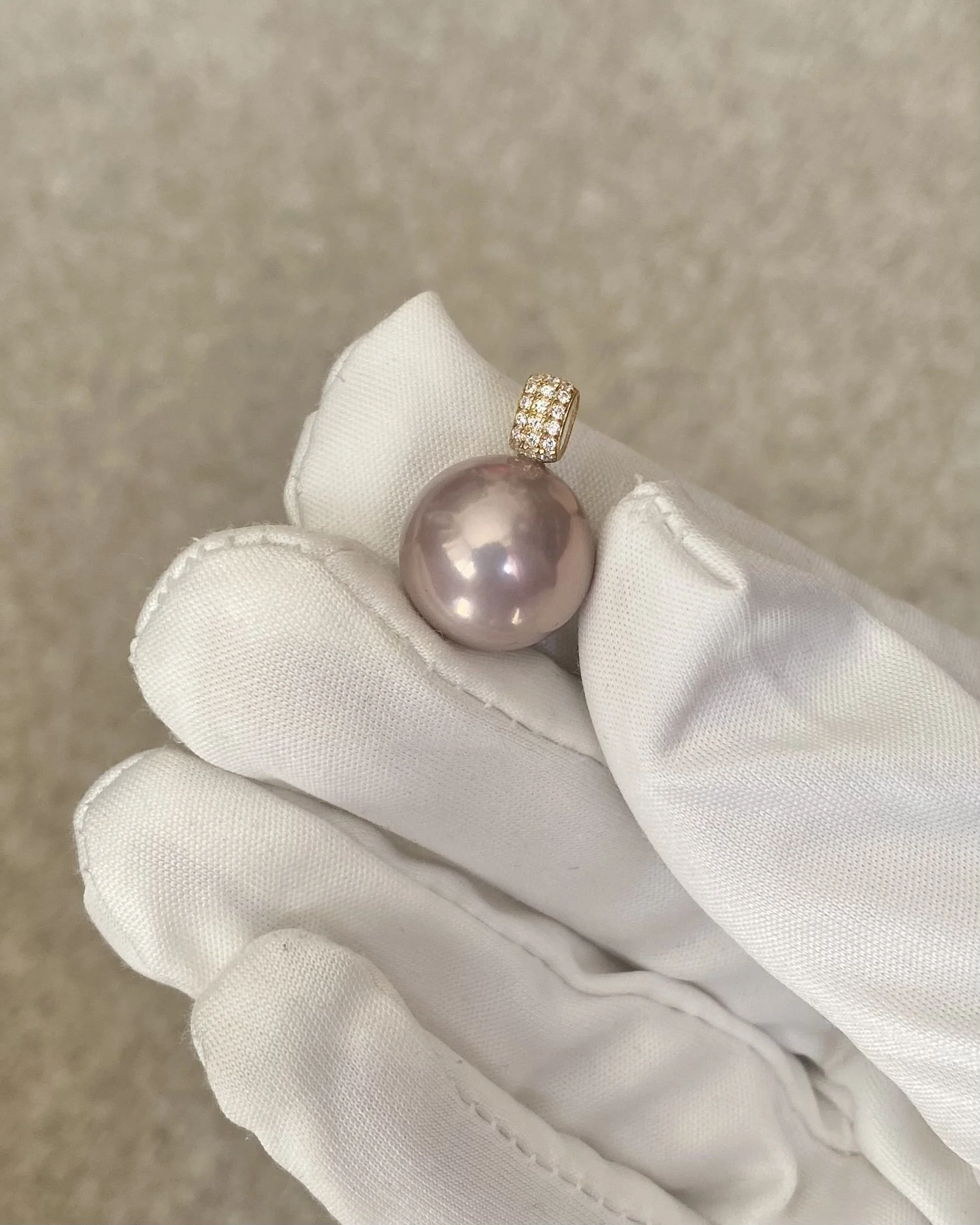 13.5mm Giant Antique Fuchsia Freshwater Pearl Pendant, Heavy 18K Solid Gold Pavé Bail, Mirror-Lustre, Round Statement Purple Pearl Starlit Pearls