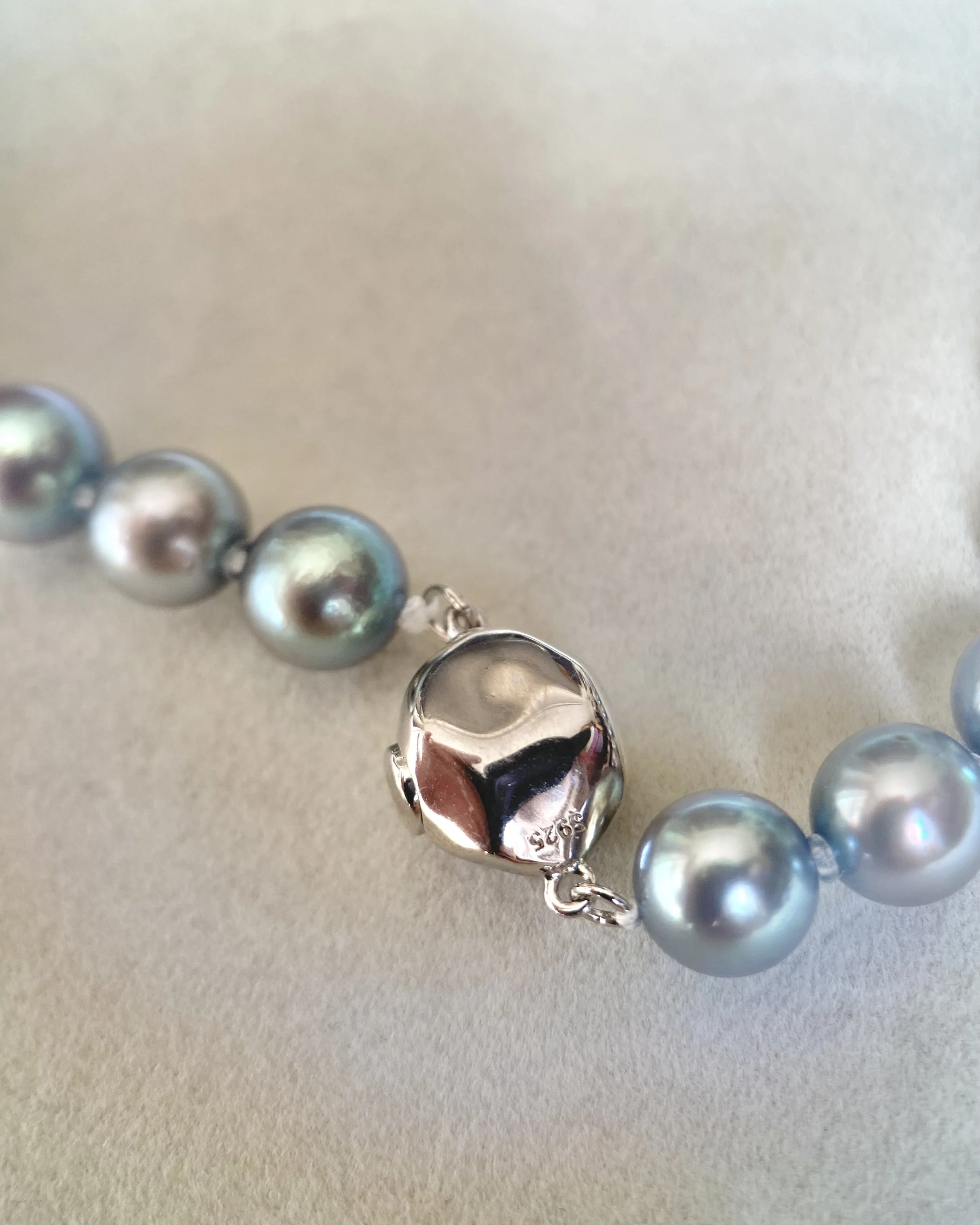 Rare Mesmerising Lagoon Blue Overtones_Japanese Silver-Blue Madama Akoya Pearl Necklace 8–9mm, Exceptional Matching, Geometric S925 Starlit Pearls