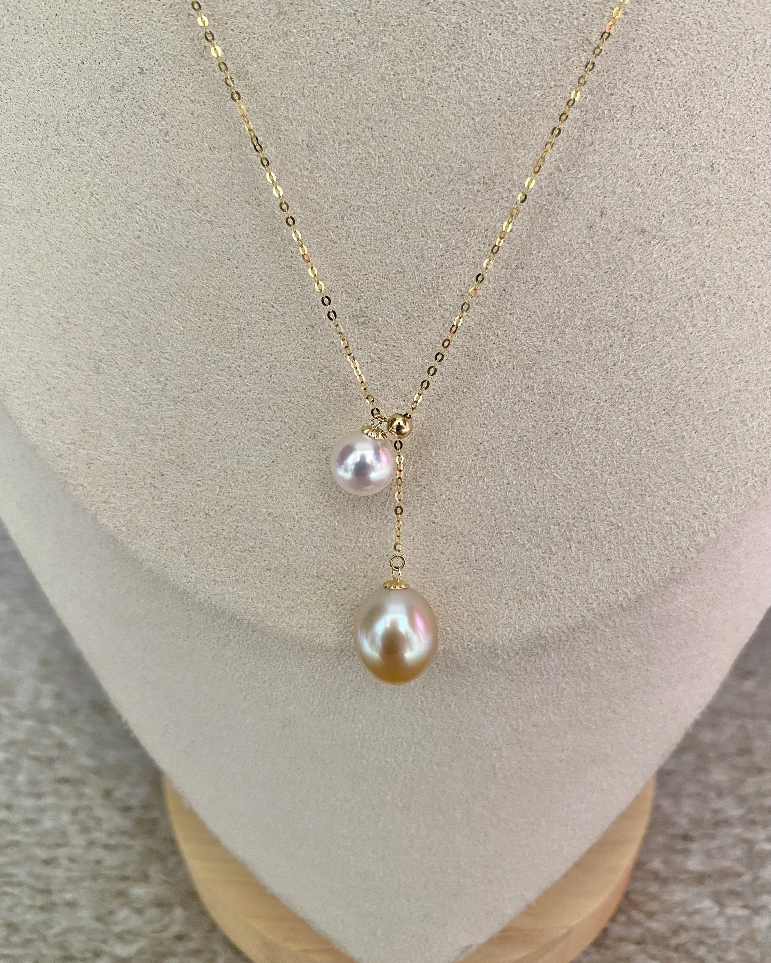 Dual-Pearl Solid 18K Gold Y Necklace_11.5mm Golden South Sea Pearl_7.8mm Japanese Akoya Pearl, High Lustre Adjustable Lariat Design