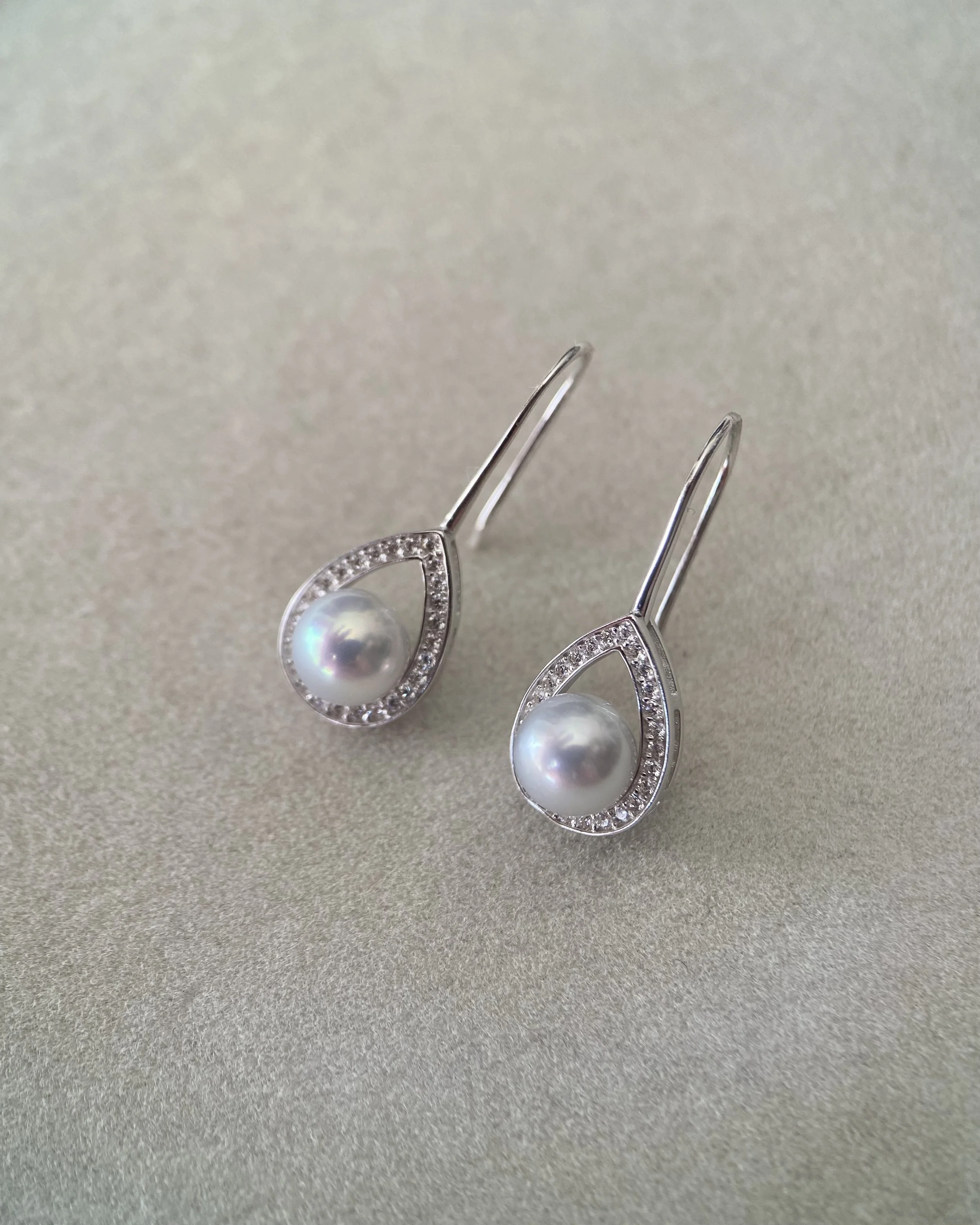Japanese Airy Silver-Grey Madama Akoya Pearl Hook Earrings 6.7mm, S925 Silver Teardrop Pavé Halo Setting, Jewellery Exhibition Piece Starlit Pearls