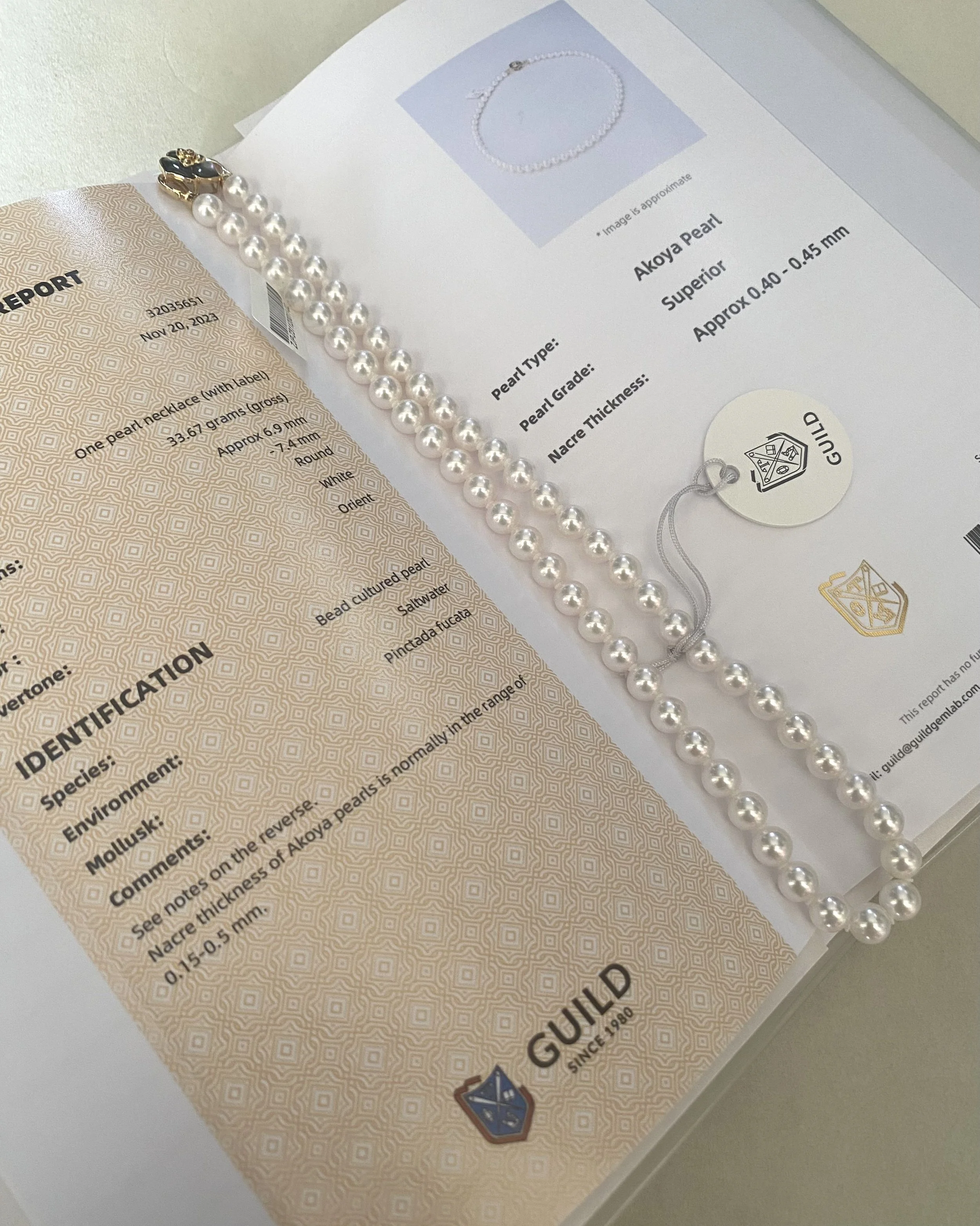 GUILD Certified Top-Gr Superior Snow White Japanese Akoya Pearl Necklace 7-7.5mm, Top Lustre, Orchid Black Mother-of-Pearl Clasp Starlit Pearls