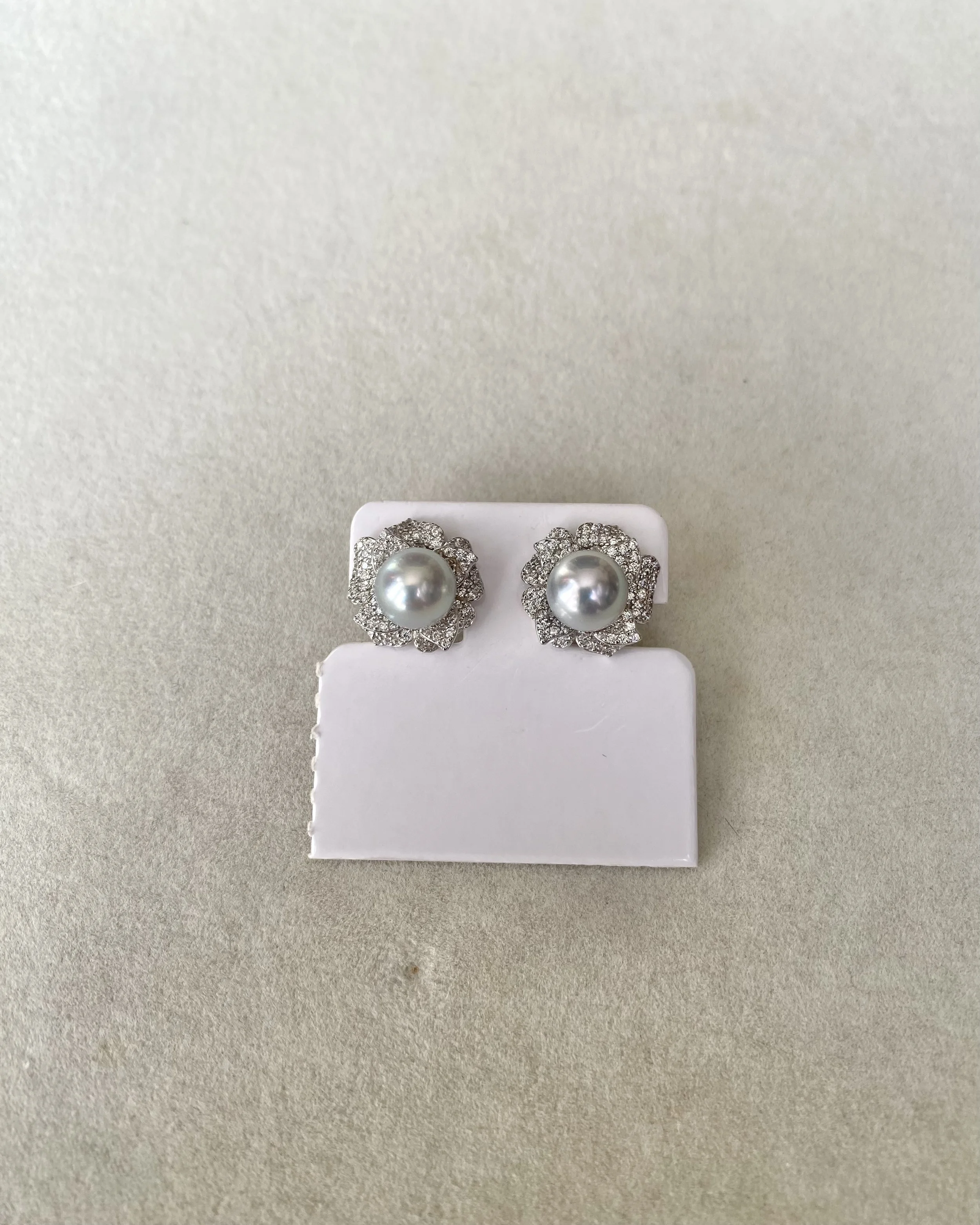 8mm Japanese Natural Silver-Grey Madama Akoya Pearl Camellia Stud Earrings, Mirror Lustre, S925 Layered Pavé CZ Petals, Show Piece