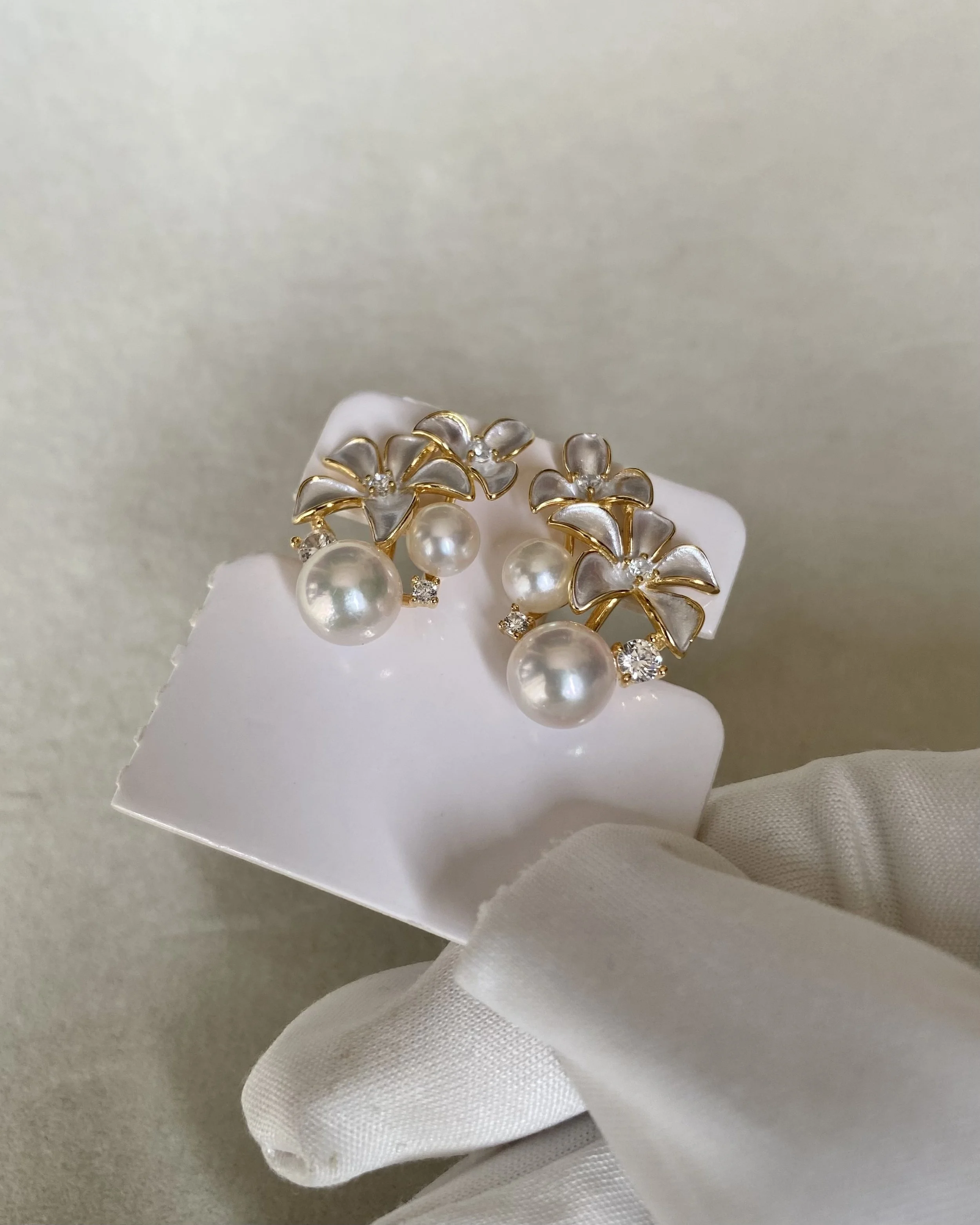 6A Japanese White Akoya Pearl Sculptural Floral Earrings, Aurora Sairindama, Satin Petal Design, S925 Silver & CZ, Exhibition Piece Starlit Pearls