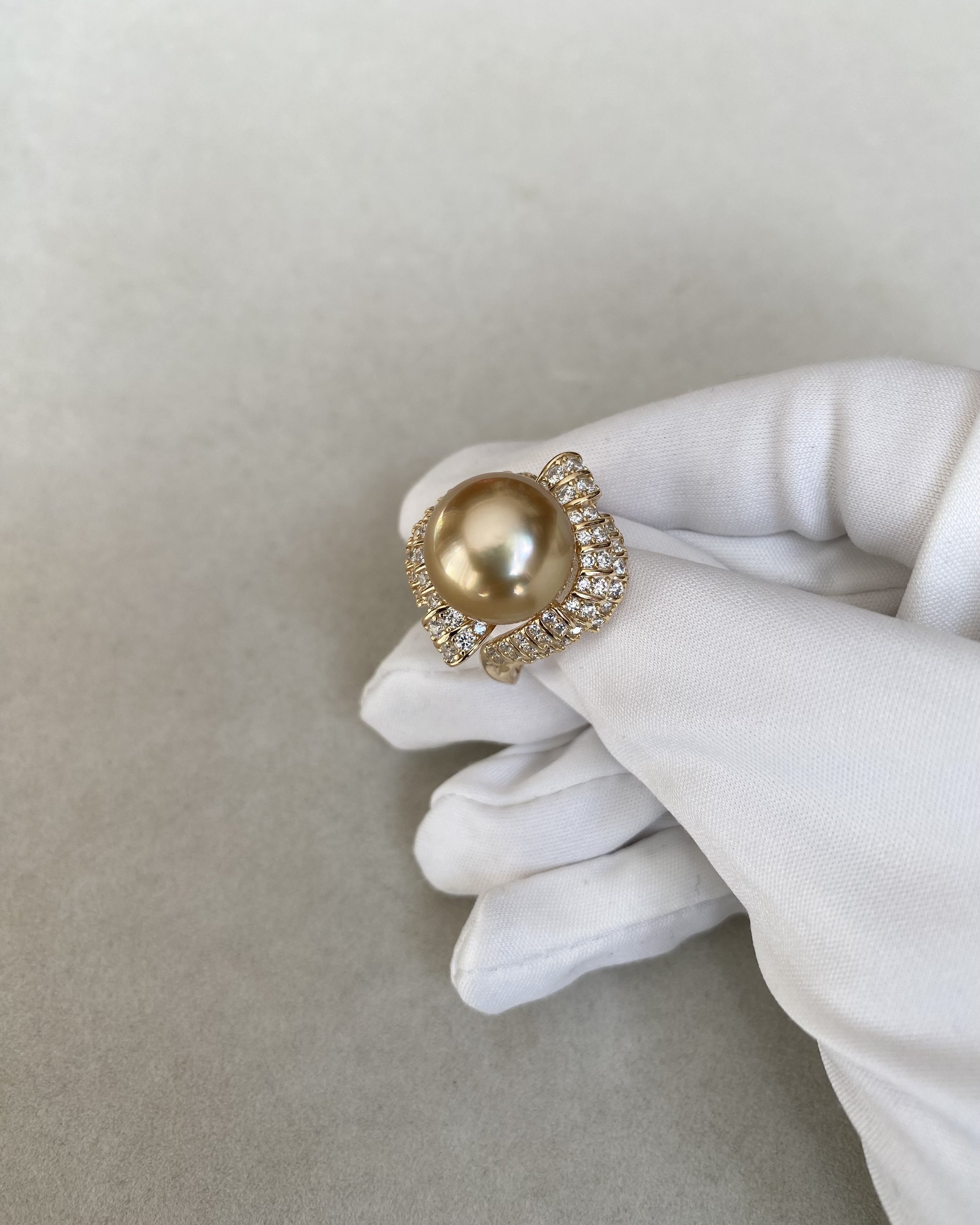 Large 13.2mm Golden South Sea Pearl Ring, Deep Rich Gold Tone, Sculptural Ribbon Pavé-Set S925 Sterling Silver Adjustable Band Starlit Pearls