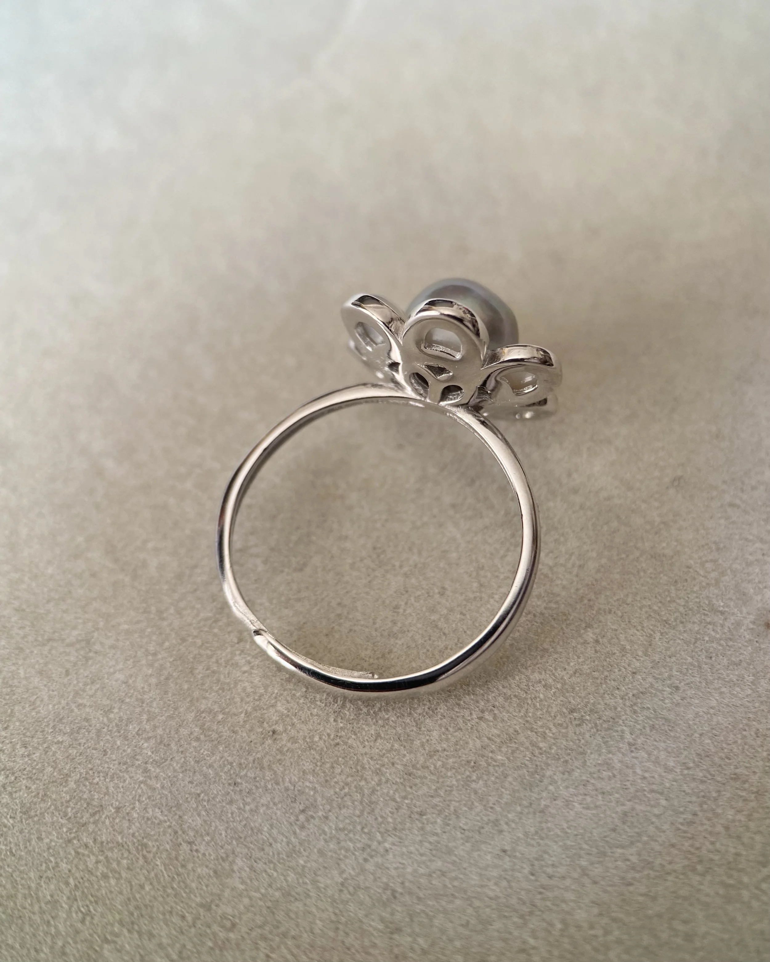 Japanese Natural Silver-Grey Madama Akoya Pearl Flower Ring 7.3mm, Rainbow Overtones, Mother of Pearl Petals, Silver Adjustable Band