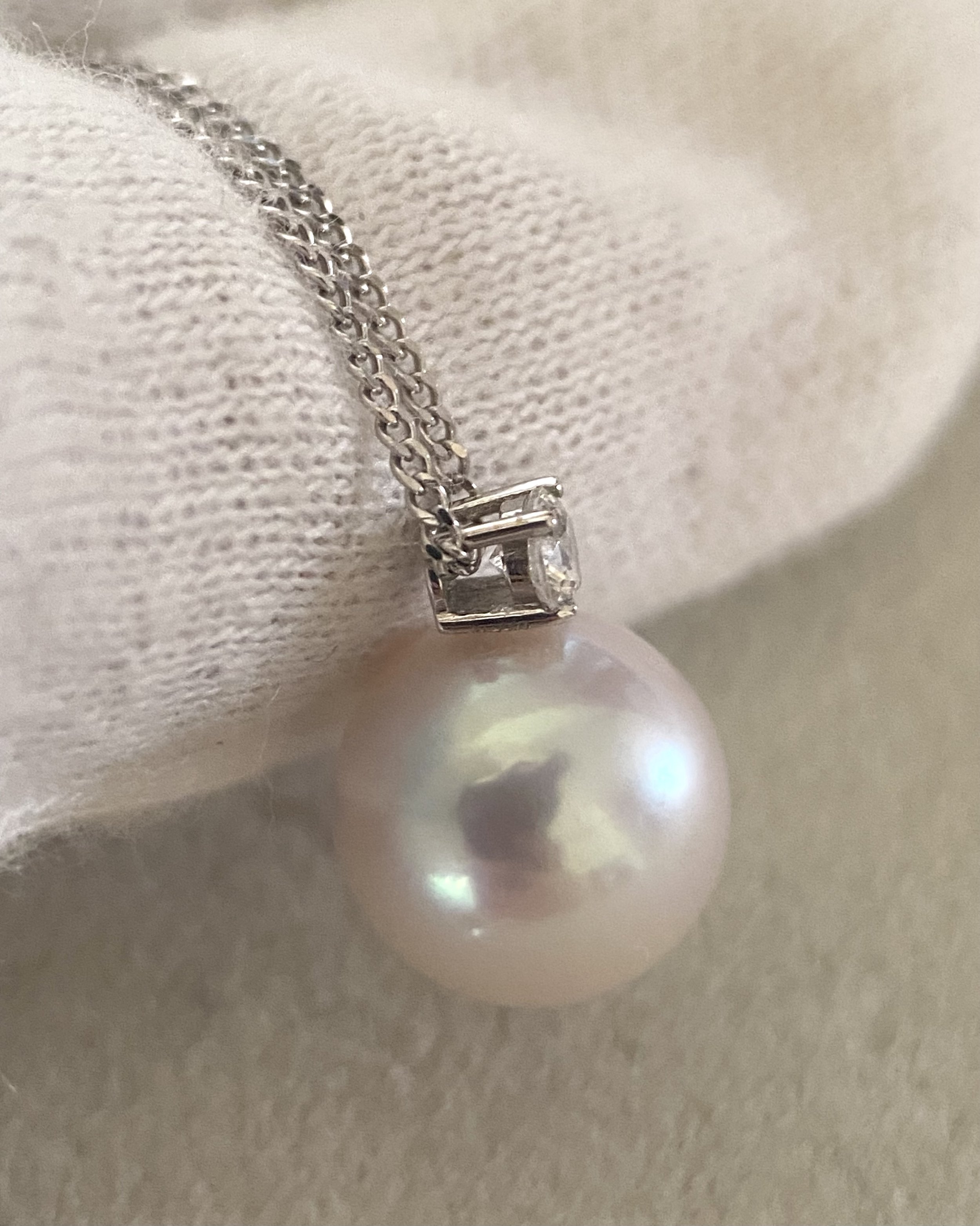 9.1mm Japanese White Koshimono Akoya Pearl Pendant Necklace, Tennyo-Quality, 18K White Gold & CZ, S925 Silver Snake Chain Starlit Pearls