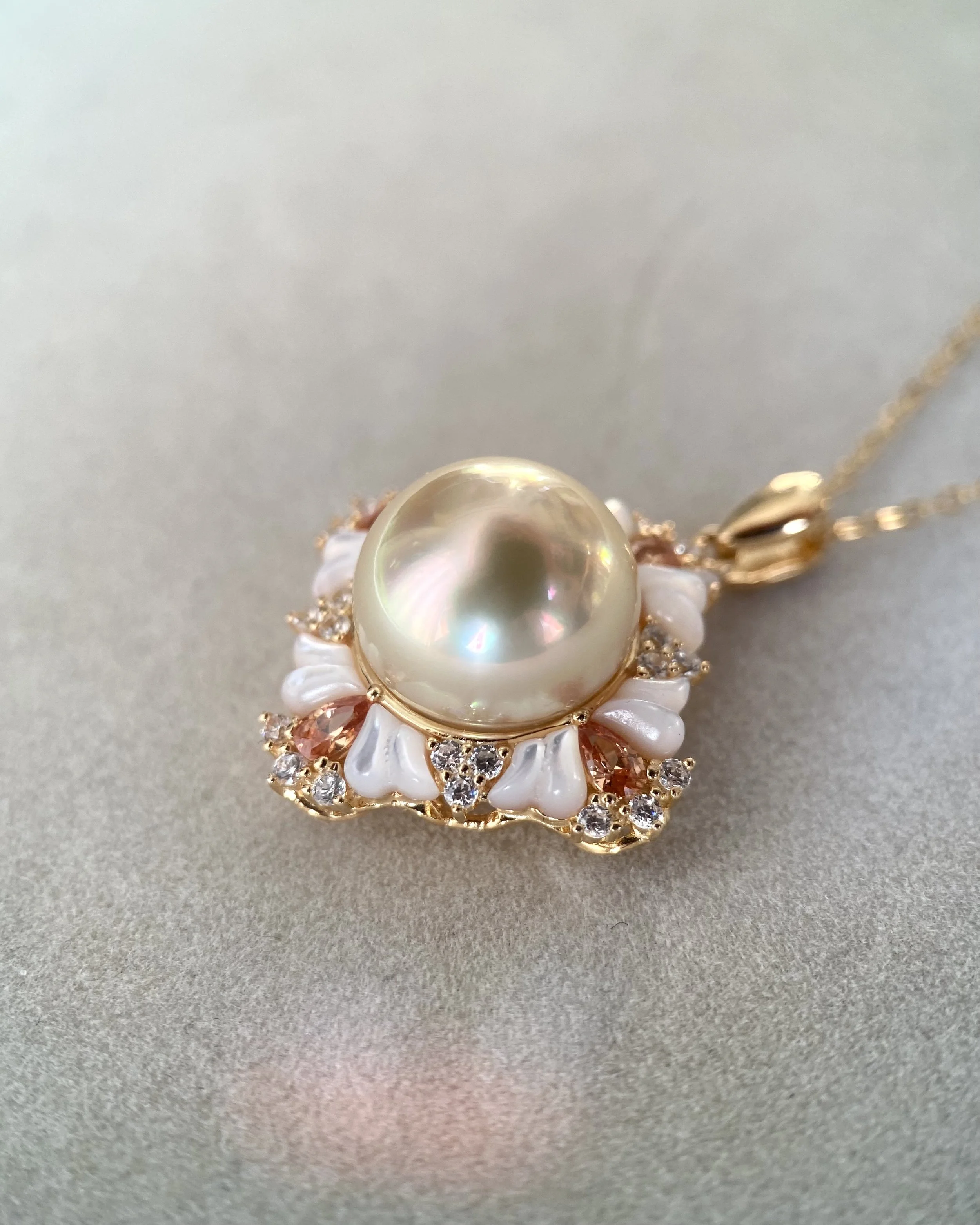 Ultra-Rare 13-13.5mm Lemon Candy Gold Japanese Amami Ōshima Pearl Pendant, 7A Mirror Lustre, Vintage Court-Style Floral S925 Silver MOP & CZ Starlit Pearls