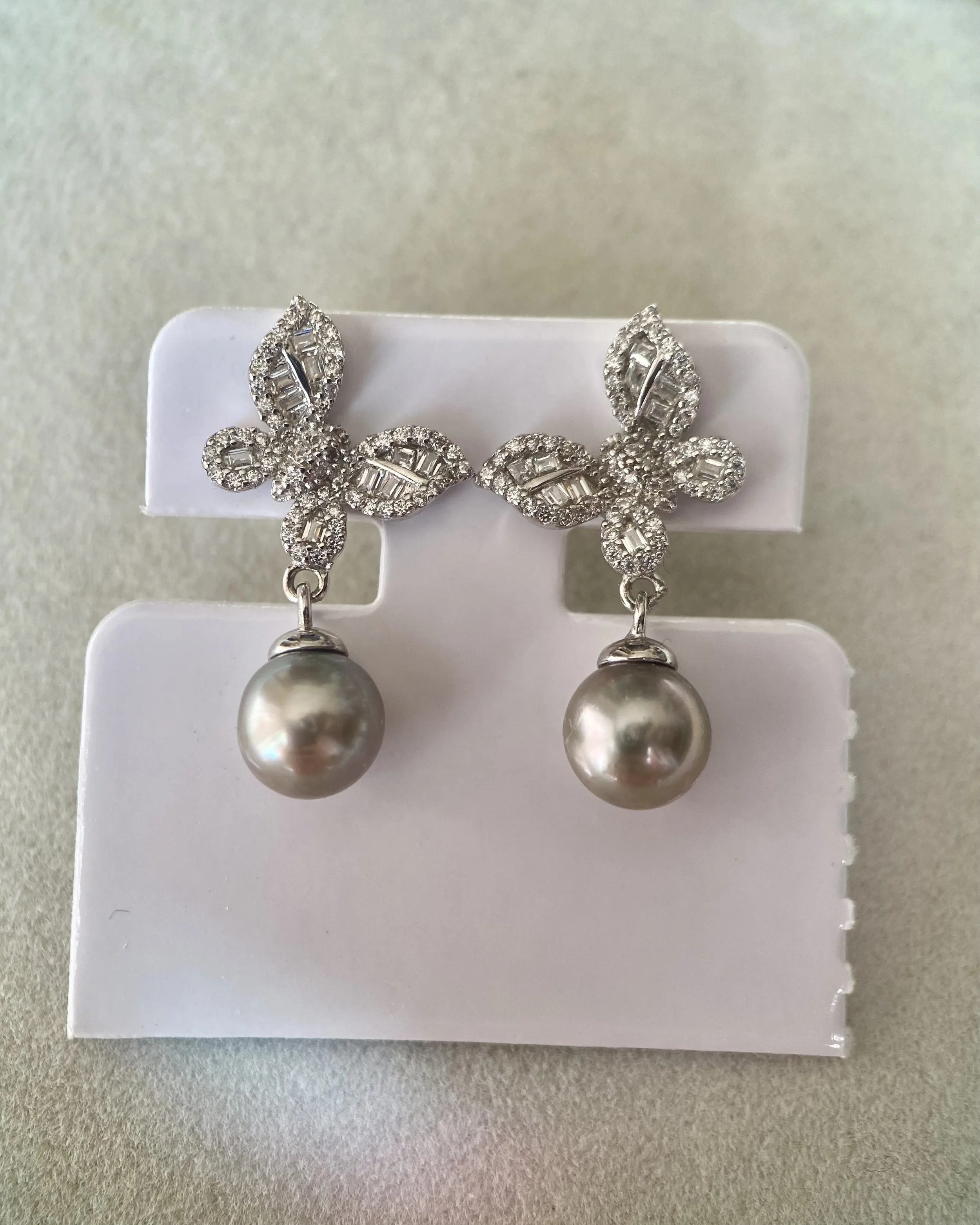Japanese Metallic Grey Madama Akoya Pearl Drop Earrings 7.3mm, Steel-Like Lustre, S925 Silver Pavé Butterfly, Jewellery Show Piece Starlit Pearls