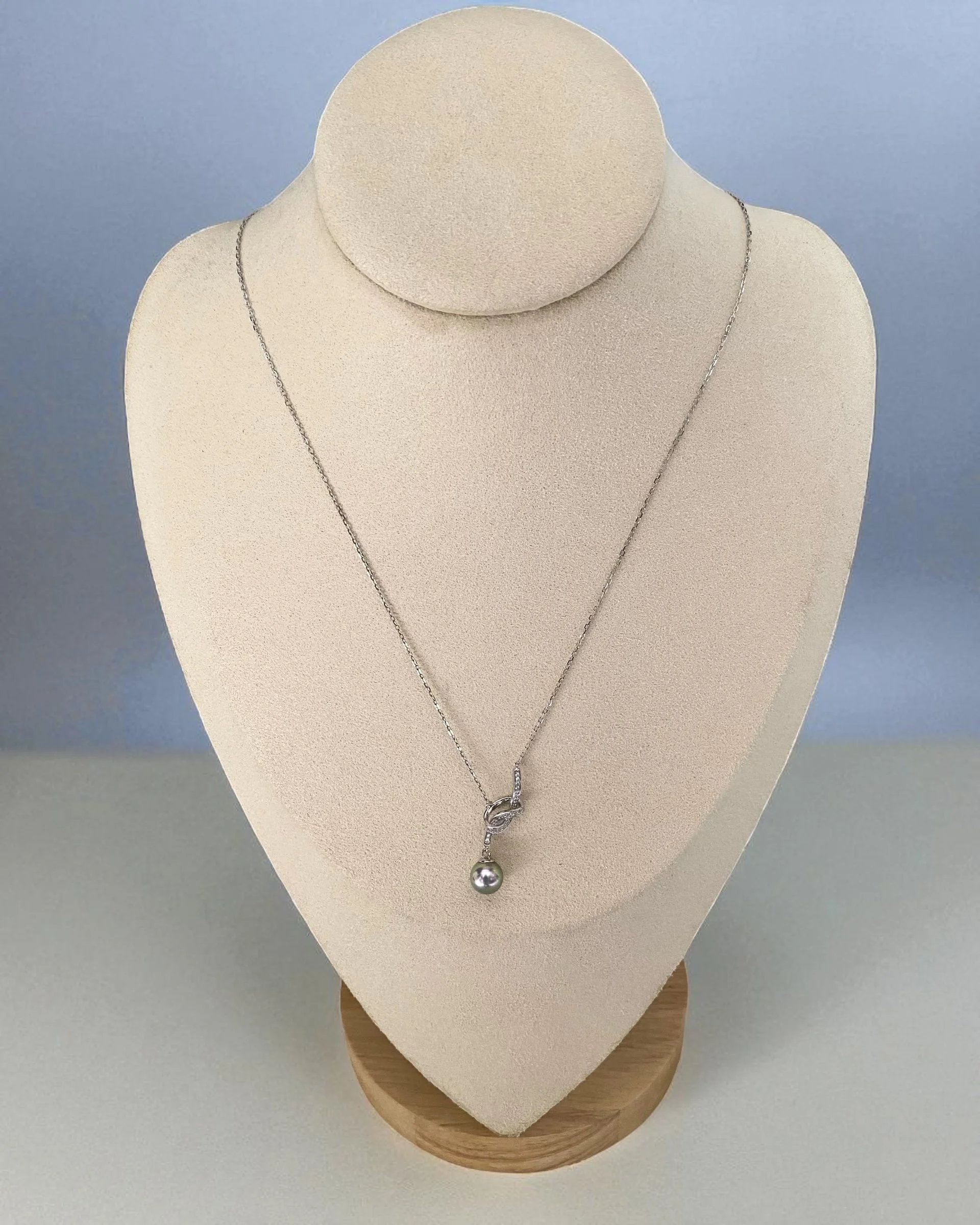 Rare Silver-Peacock Green Madama Akoya Pearl Pendant Necklace, 7.9mm, Pink Overtone, S925 Silver & CZ Knot Design, Fully Finished in Japan Starlit Pearls