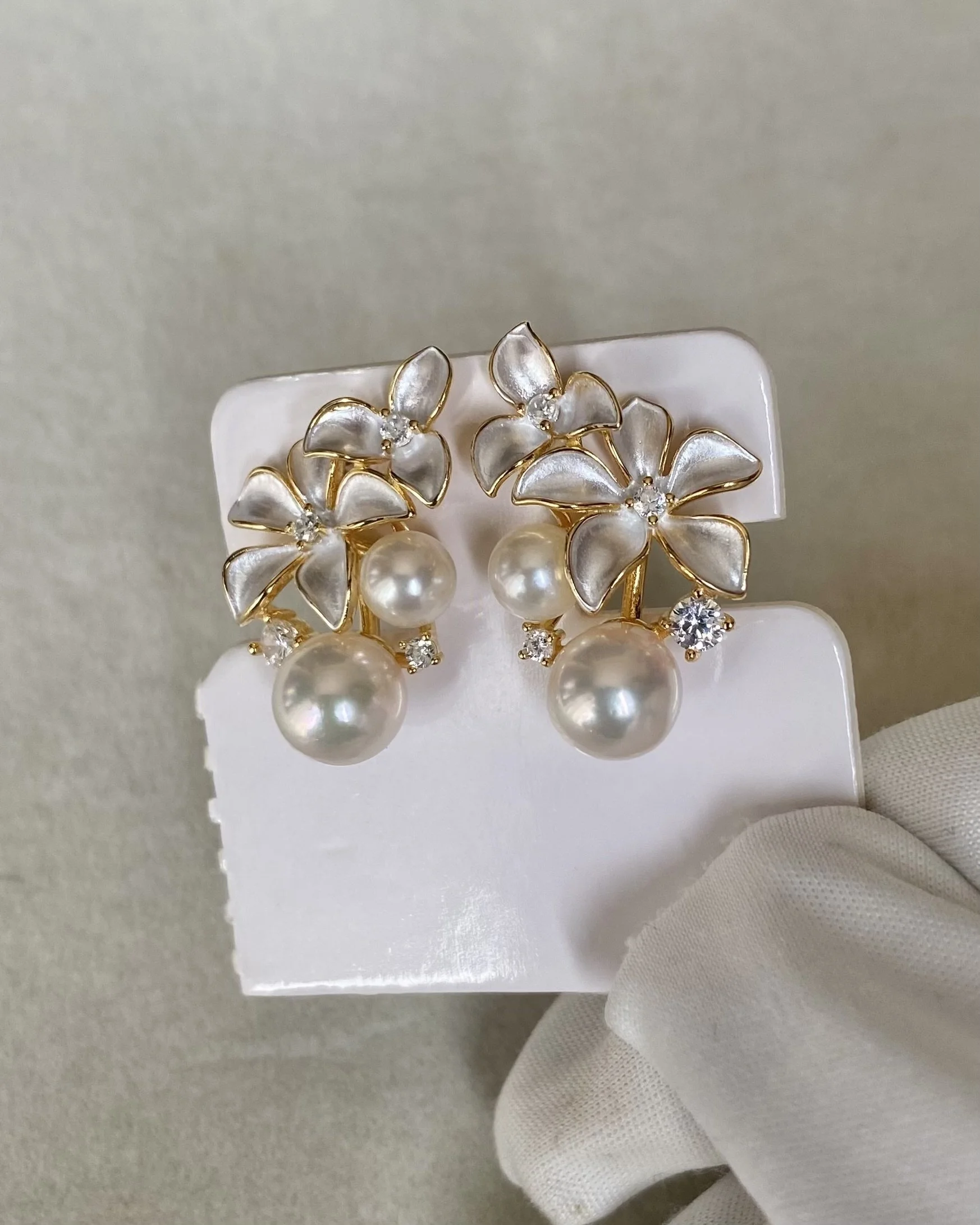 6A Japanese White Akoya Pearl Sculptural Floral Earrings, Aurora Sairindama, Satin Petal Design, S925 Silver & CZ, Exhibition Piece Starlit Pearls