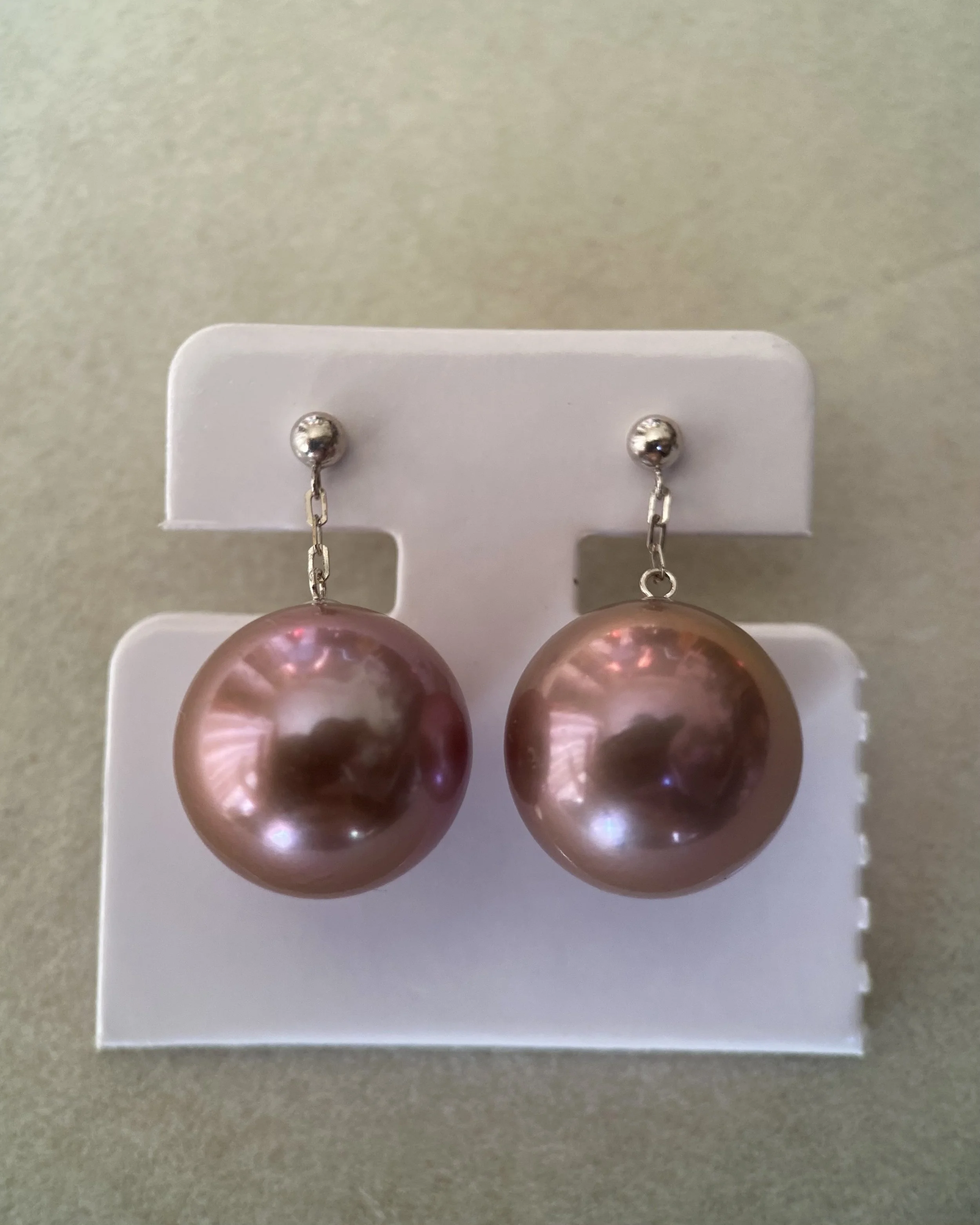 Giant 14.2mm Natural Plum-Pie Purple Freshwater Pearl Drop Earrings – Top-Tier 6A Quality, Mirror Lustre, Thick Solid 18K White Gold Starlit Pearls