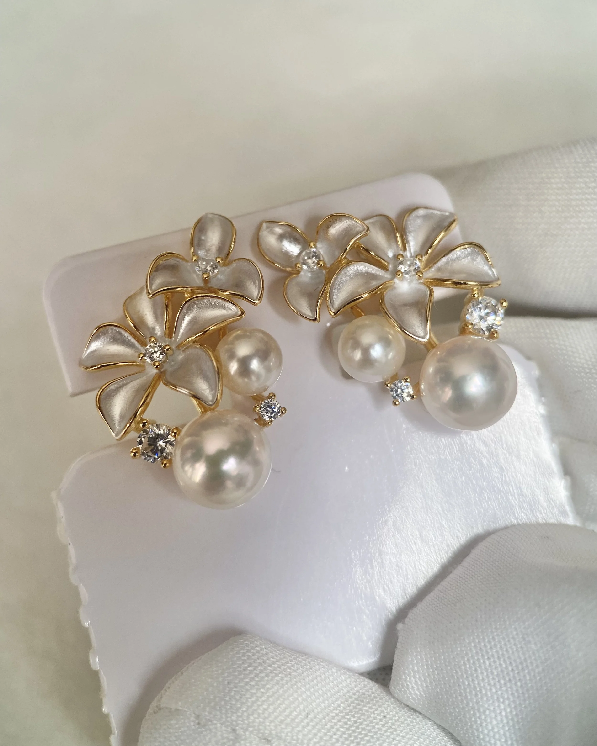 6A Japanese White Akoya Pearl Sculptural Floral Earrings, Aurora Sairindama, Satin Petal Design, S925 Silver & CZ, Exhibition Piece Starlit Pearls